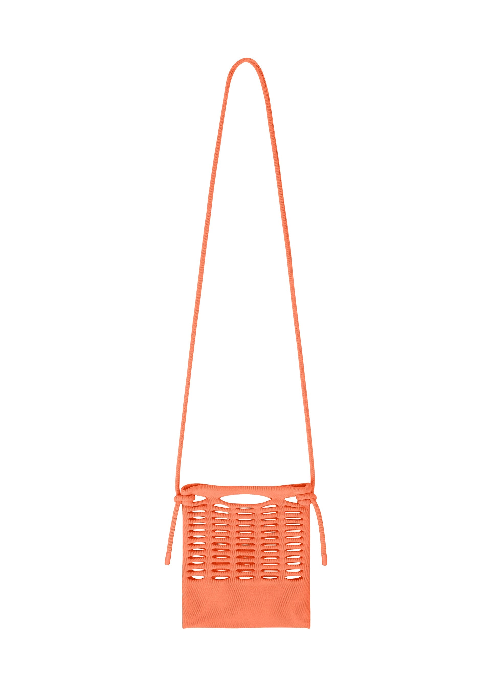 Zoomed view The MOKKO S.C. by GOOD GOODS ISSEY MIYAKE is an orange rectangular crossbody bag with a long, detachable strap and horizontal cut-outs—ideal for Spring Summer 2026. - ORANGE CORAL （no.31）