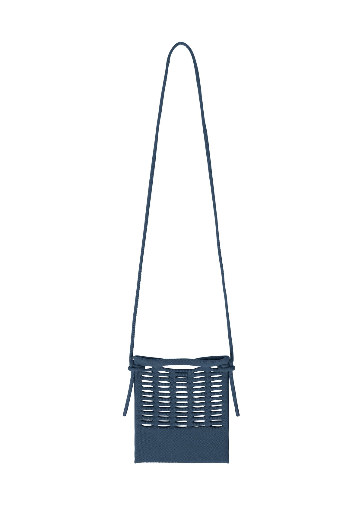 The MOKKO S.C. by GOOD GOODS ISSEY MIYAKE is a small blue knit rectangular crossbody with a woven cut-out front, tied sides, and detachable strap—ideal for Spring Summer 2026. view 3 of 7