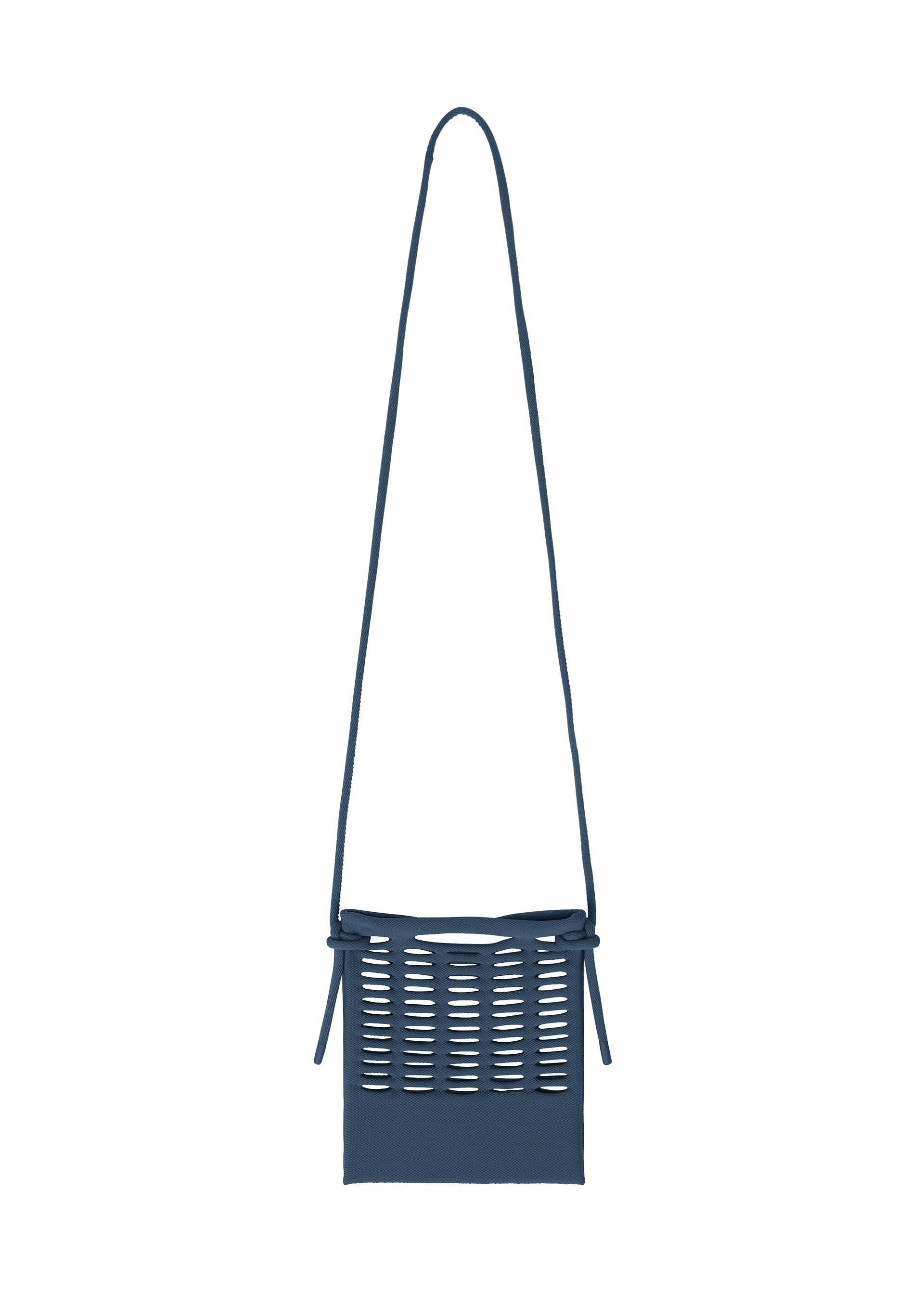 Zoomed view The MOKKO S.C. by GOOD GOODS ISSEY MIYAKE is a small blue knit rectangular crossbody with a woven cut-out front, tied sides, and detachable strap—ideal for Spring Summer 2026. - MARINE BLUE （no.79）