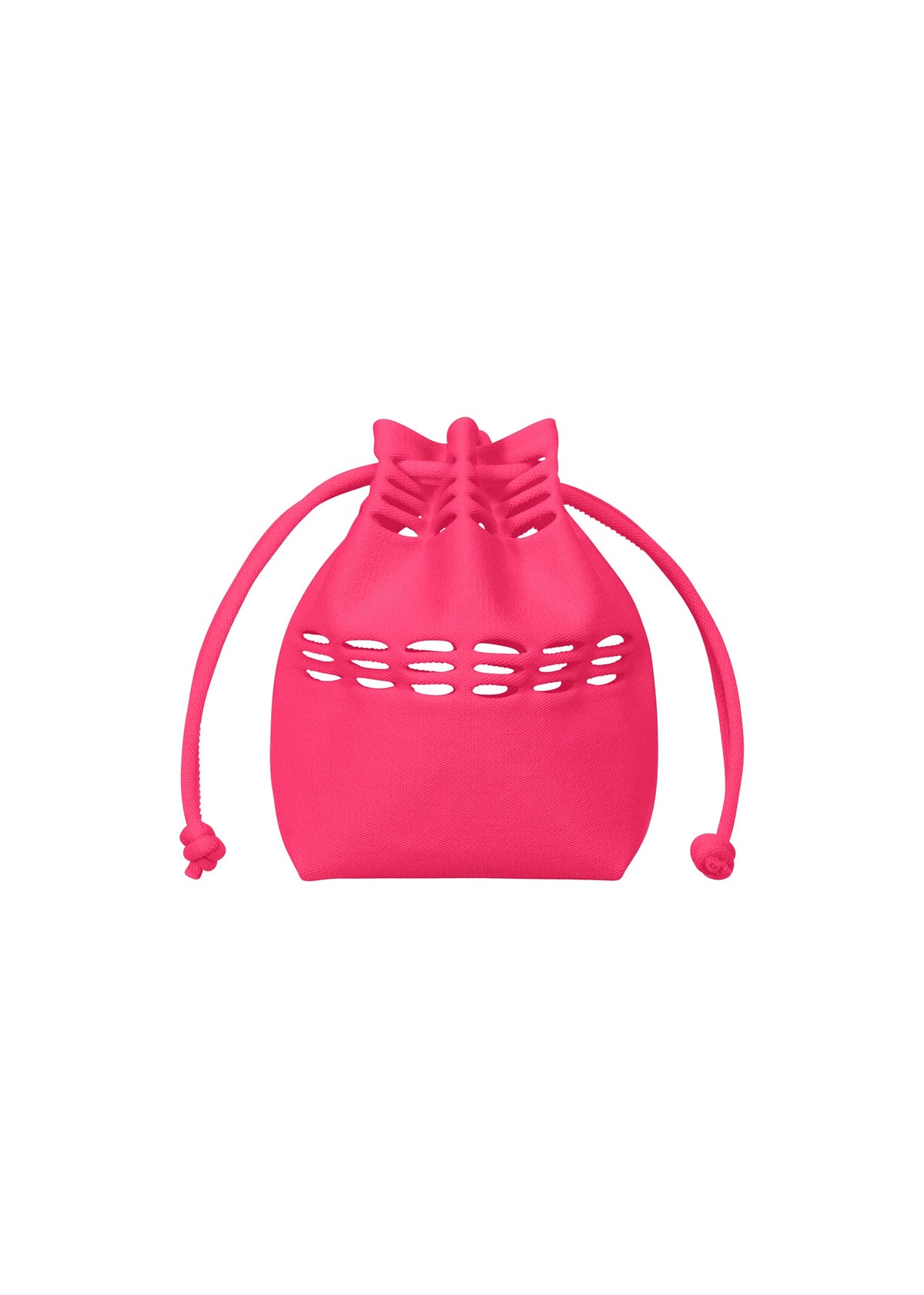 The MOKKO S.C. POCKET by GOOD GOODS ISSEY MIYAKE is a small, bright pink knit drawstring bag with oval cutouts near the top—washable and perfect for Spring Summer 2026, shown on a plain white background. view 1 of 7