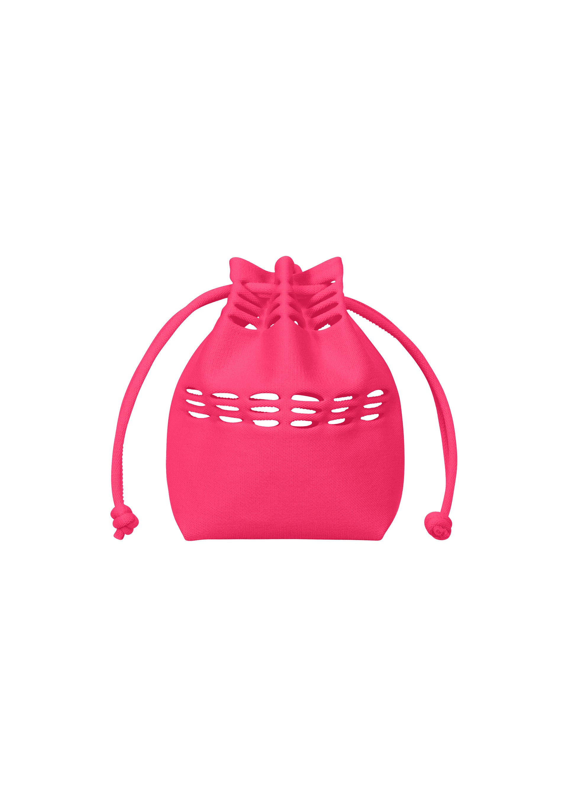 Zoomed view The MOKKO S.C. POCKET by GOOD GOODS ISSEY MIYAKE is a small, bright pink knit drawstring bag with oval cutouts near the top—washable and perfect for Spring Summer 2026, shown on a plain white background. - BRIGHT PINK （no.26）