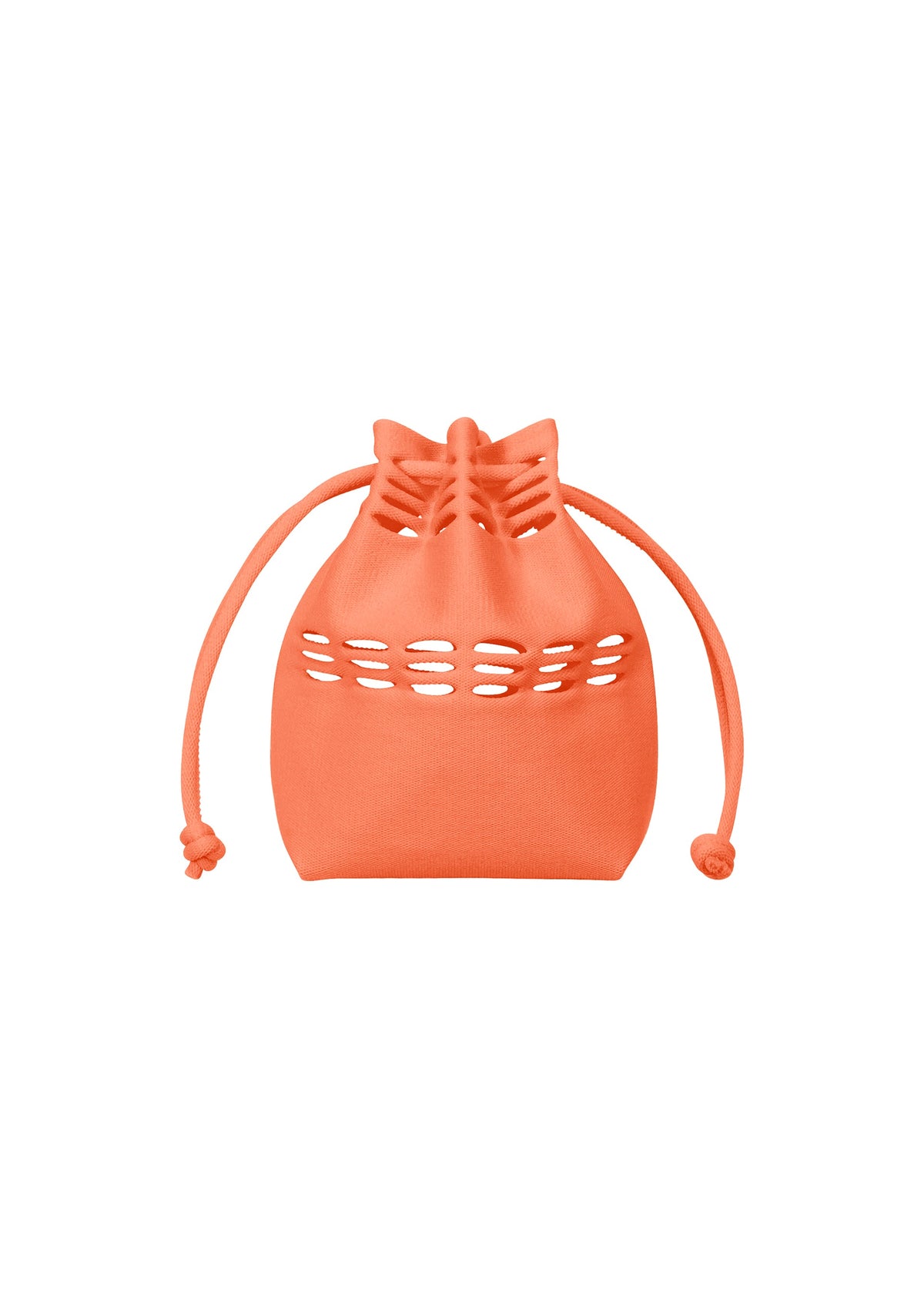 The MOKKO S.C. POCKET by GOOD GOODS ISSEY MIYAKE is a small orange knit drawstring bag with a knotted cord and oval cut-out design, ideal for Spring Summer 2026, shown on a white background. view 2 of 7