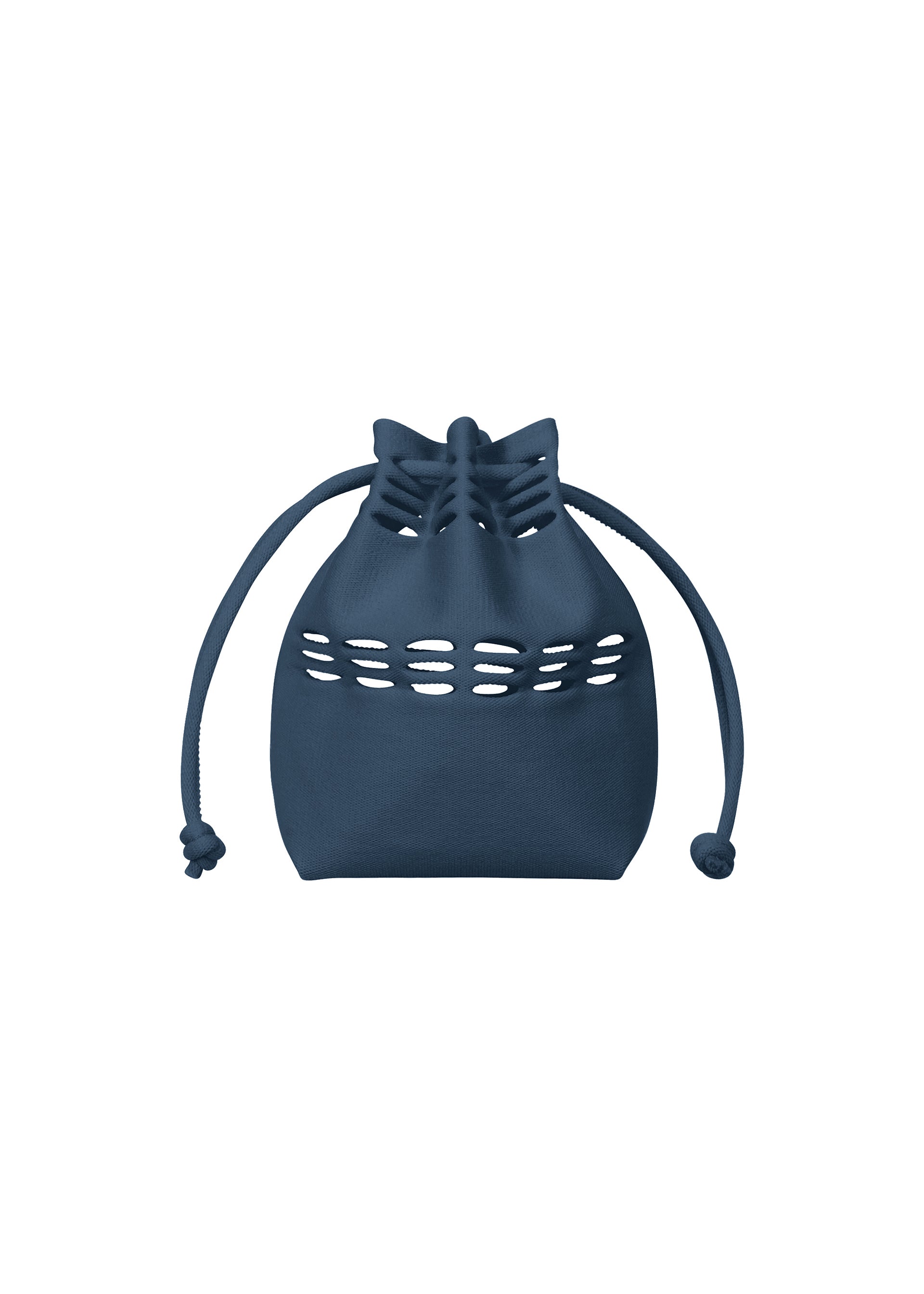 Zoomed view The MOKKO S.C. POCKET by GOOD GOODS ISSEY MIYAKE is a small navy blue knit drawstring bag with a gathered top and decorative cutout design, perfectly washable and ideal for Spring Summer 2026. It closes with two knotted strings. - MARINE BLUE （no.79）