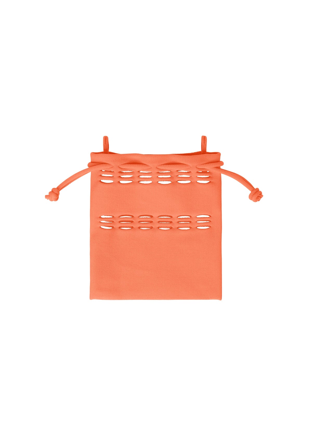 The MOKKO S.C. POCKET by GOOD GOODS ISSEY MIYAKE is a small orange knit drawstring bag with horizontal cutout patterns near the top, perfect for Spring Summer 2026, shown against a white background. view 5 of 7