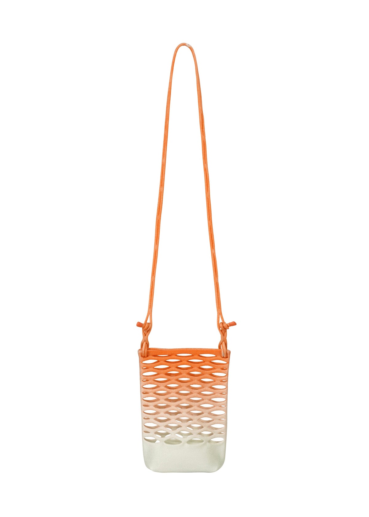 The MOKKO NET GRADATION by GOOD GOODS ISSEY MIYAKE is a small eco-friendly pochette with an orange netted upper made from recycled fishing nets, a long orange strap, and a transparent lower section, set against a plain white background. view 1 of 6