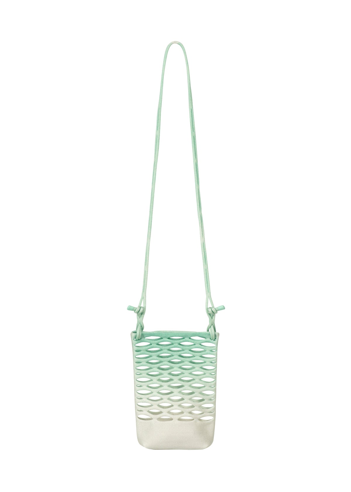 The MOKKO NET GRADATION by GOOD GOODS ISSEY MIYAKE is a small, eco-friendly mint green and white crossbody bag with a long strap and cut-out mesh pattern, shown against a white background. view 2 of 6