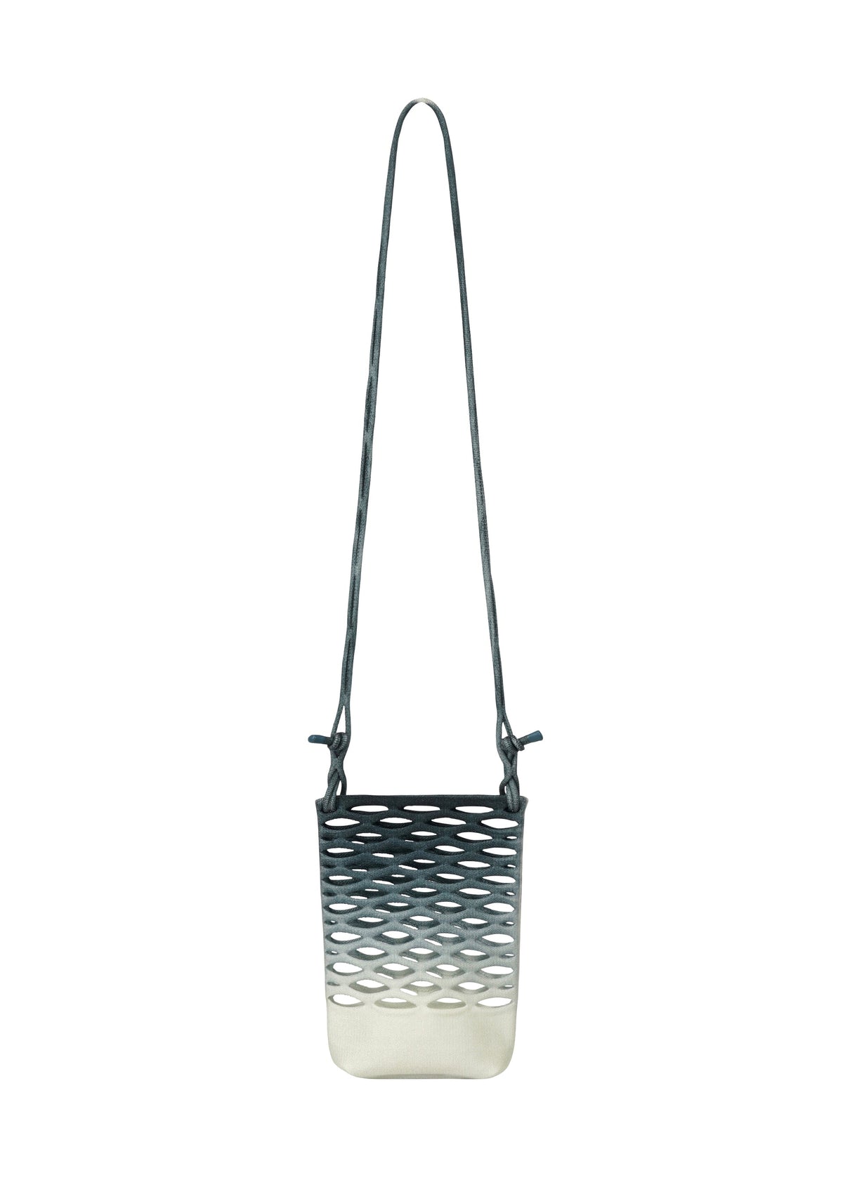 The MOKKO NET GRADATION by GOOD GOODS ISSEY MIYAKE is a small, modern, eco-friendly pochette with a long thin strap and open lattice-style design, featuring a gradient color scheme that fades from dark at the top to light at the bottom. view 3 of 6