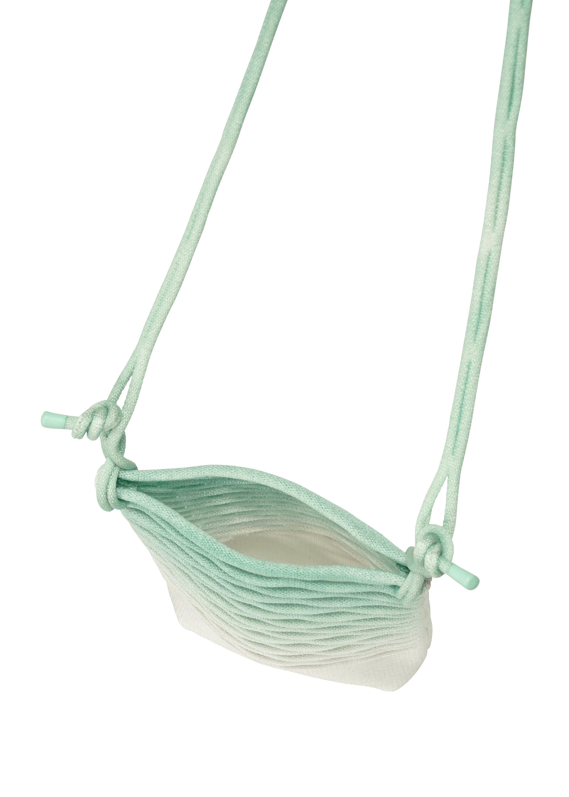 Zoomed view The MOKKO NET GRADATION by GOOD GOODS ISSEY MIYAKE is a small, mint-green bag made from recycled fishing nets, featuring a long strap and two side knots, displayed empty and open against a white background.