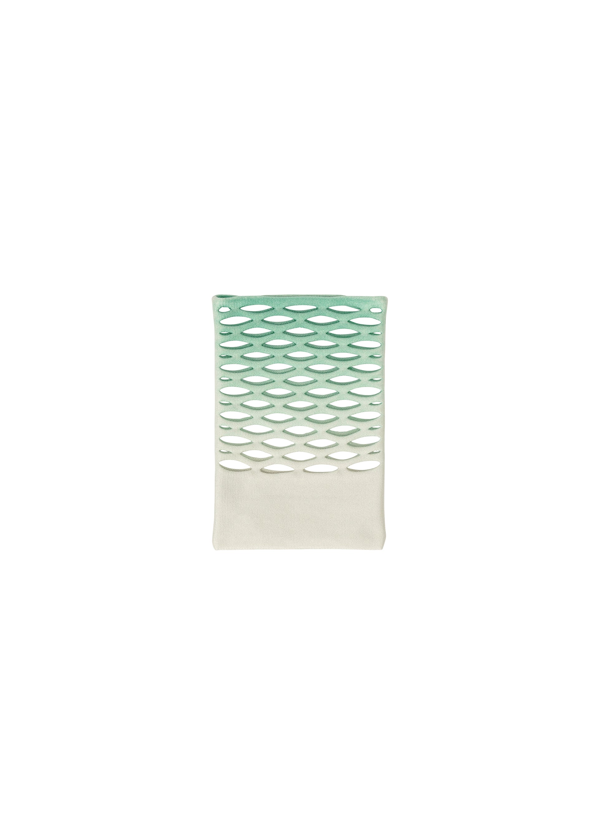 Zoomed view The MOKKO NET GRADATION by GOOD GOODS ISSEY MIYAKE is a small, green and white rectangular item with a cutout oval pattern on top and a solid white bottom, displayed on a plain white background.