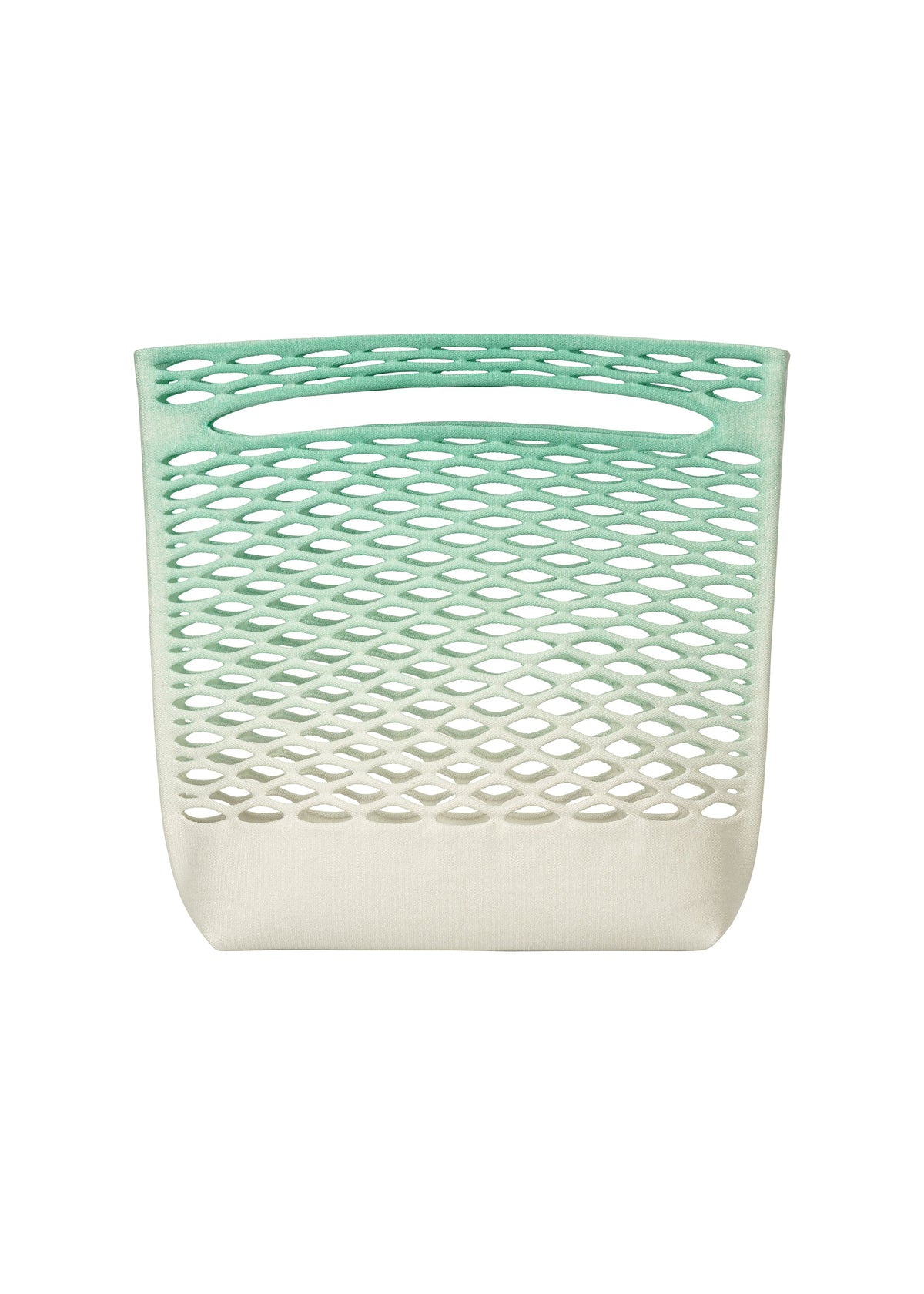 The MOKKO NET GRADATION by GOOD GOODS ISSEY MIYAKE is a plastic basket with an ombre green-to-white fade, oval perforations, and an integrated handle inspired by lightweight knit bags. view 2 of 9