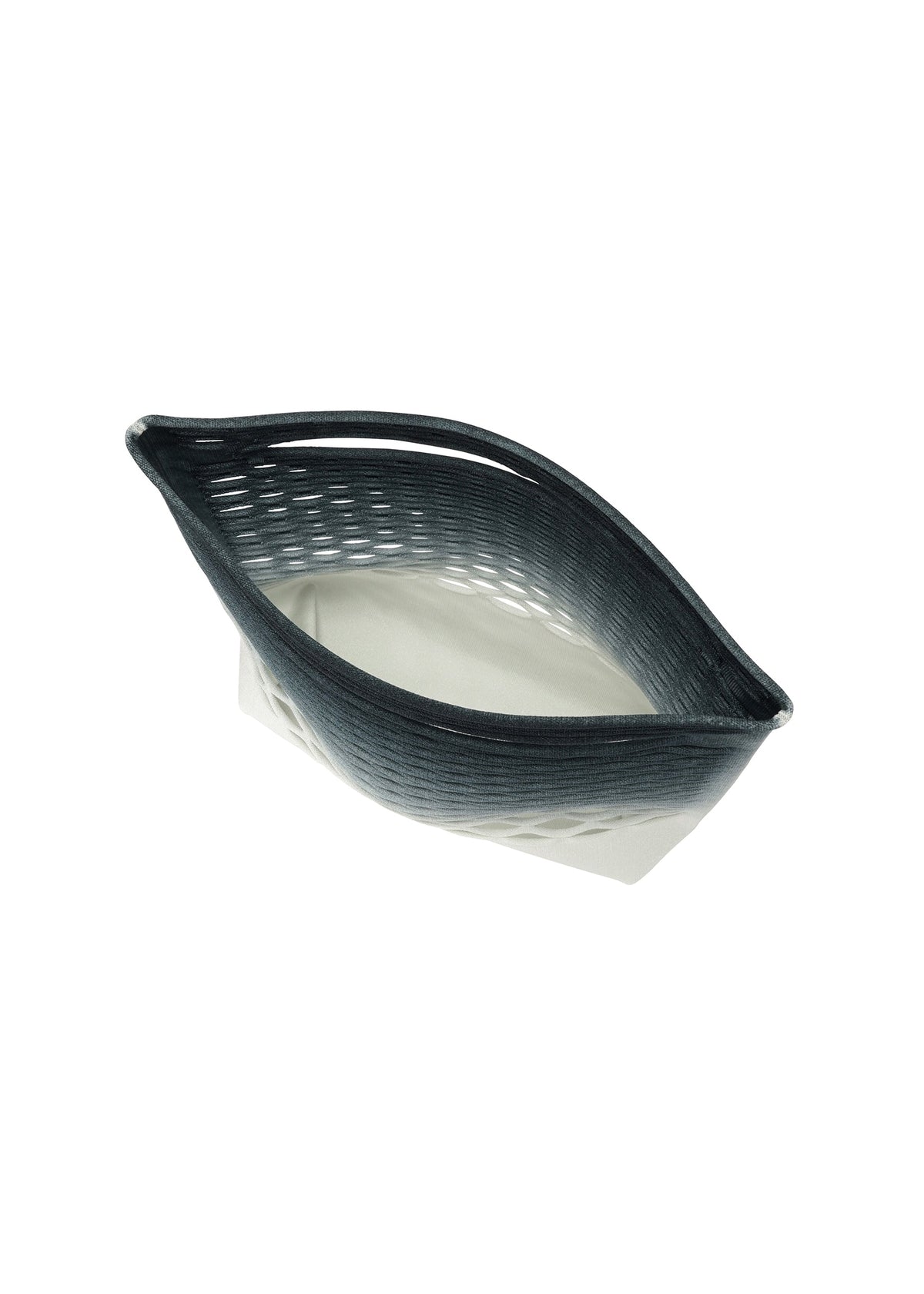 The MOKKO NET GRADATION by GOOD GOODS ISSEY MIYAKE is an oval woven basket, its dark gray upper rim fading to light gray at the base, eco-friendly in appearance and photographed from above on a white background. view 4 of 9