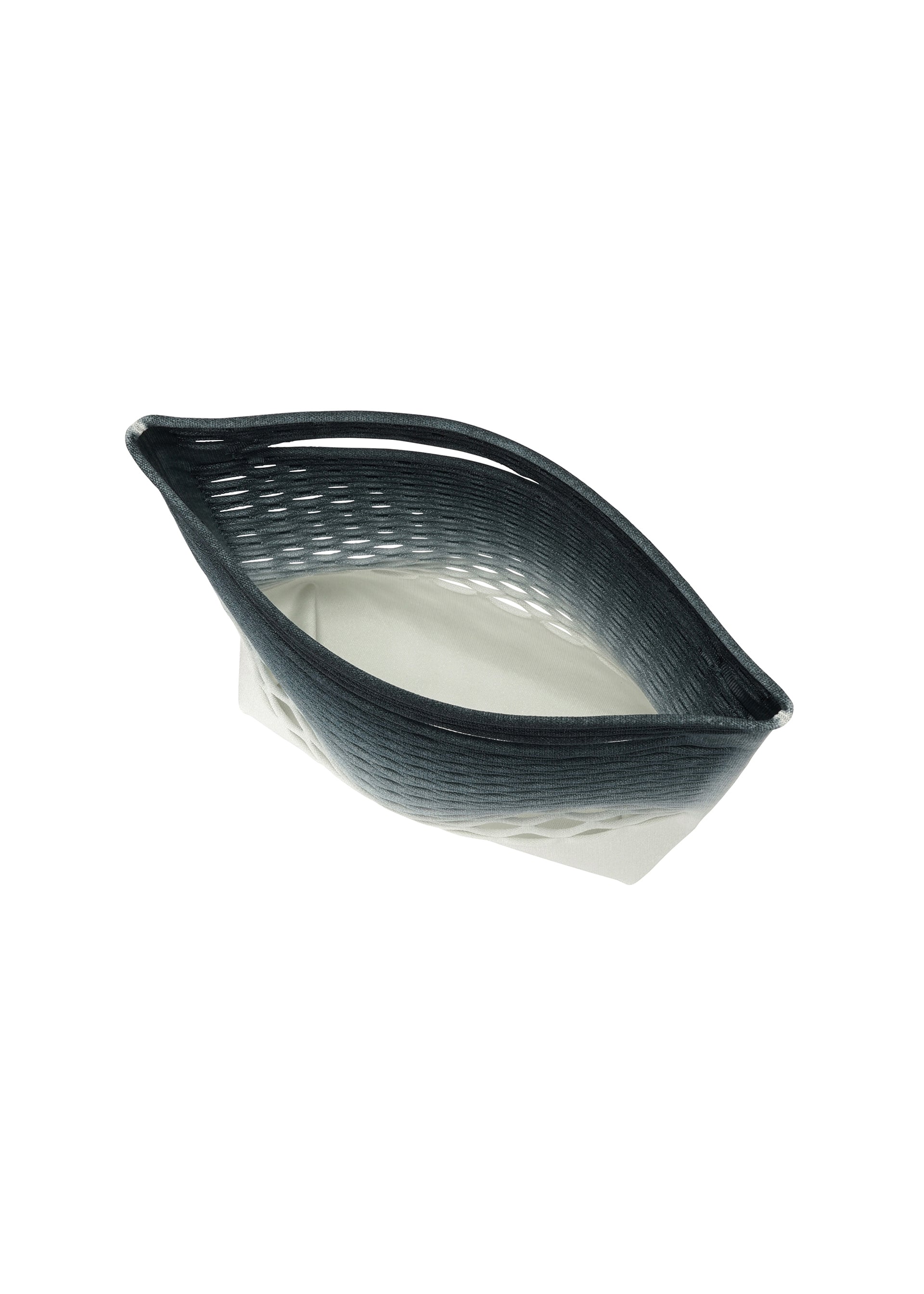 Zoomed view The MOKKO NET GRADATION by GOOD GOODS ISSEY MIYAKE is an oval woven basket, its dark gray upper rim fading to light gray at the base, eco-friendly in appearance and photographed from above on a white background.