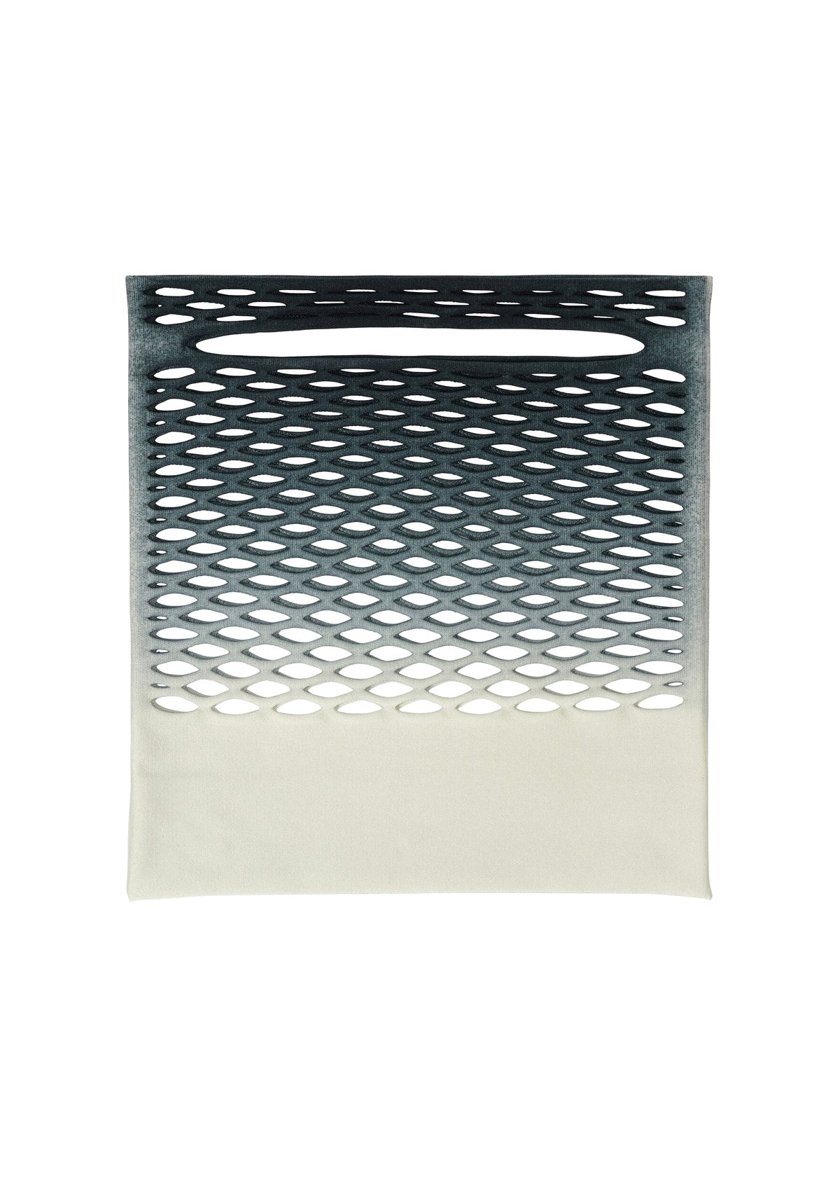 The MOKKO NET GRADATION from GOOD GOODS ISSEY MIYAKE is a rectangular, flat bag with a black-to-white gradient, oval cutouts, and an oval slot at the top center, resembling a lightweight knit. Displayed on a plain white background. view 5 of 9