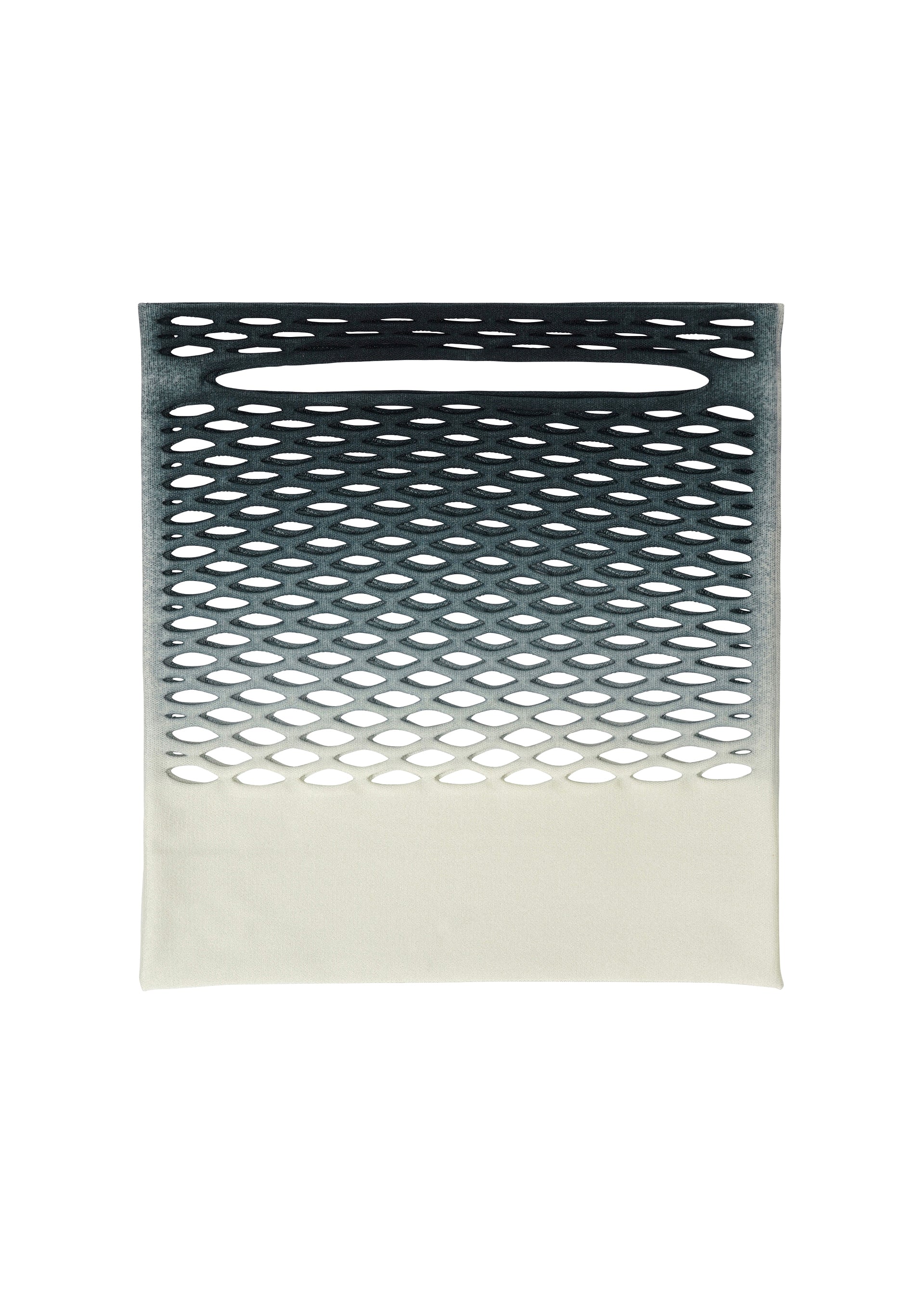 Zoomed view The MOKKO NET GRADATION from GOOD GOODS ISSEY MIYAKE is a rectangular, flat bag with a black-to-white gradient, oval cutouts, and an oval slot at the top center, resembling a lightweight knit. Displayed on a plain white background.