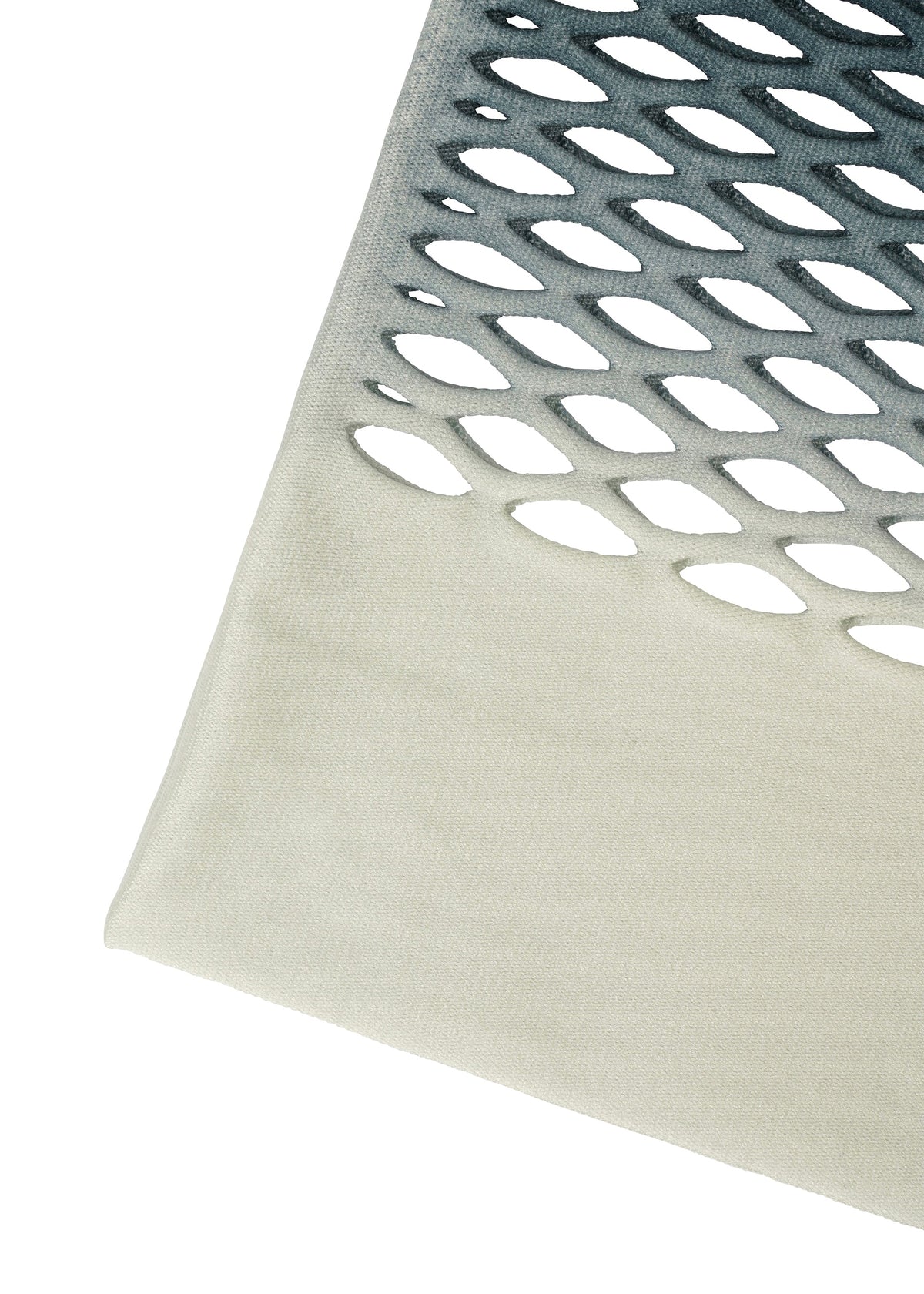 A close-up of MOKKO NET GRADATION by GOOD GOODS ISSEY MIYAKE shows an oval cut-out mesh fading from dark gray to cream, resembling a lightweight knit. The soft, solid lower part makes it ideal for an eco-friendly tote bag. view 6 of 9
