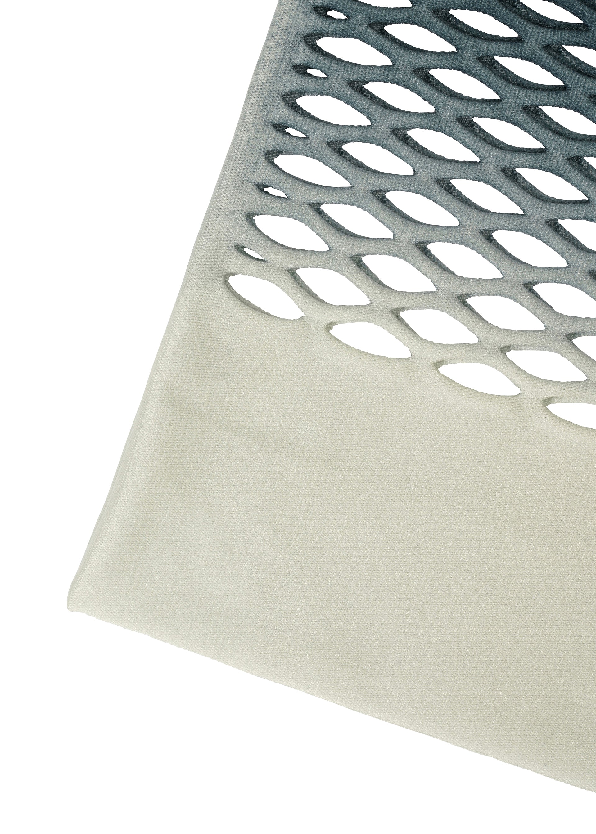 Zoomed view A close-up of MOKKO NET GRADATION by GOOD GOODS ISSEY MIYAKE shows an oval cut-out mesh fading from dark gray to cream, resembling a lightweight knit. The soft, solid lower part makes it ideal for an eco-friendly tote bag.