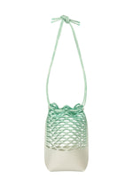 The MOKKO NET GRADATION by GOOD GOODS ISSEY MIYAKE is a compact mint green and white bag made from recycled fishing nets, featuring an adjustable knotted strap and an open net-like upper design. - ICE GREEN （no.69）