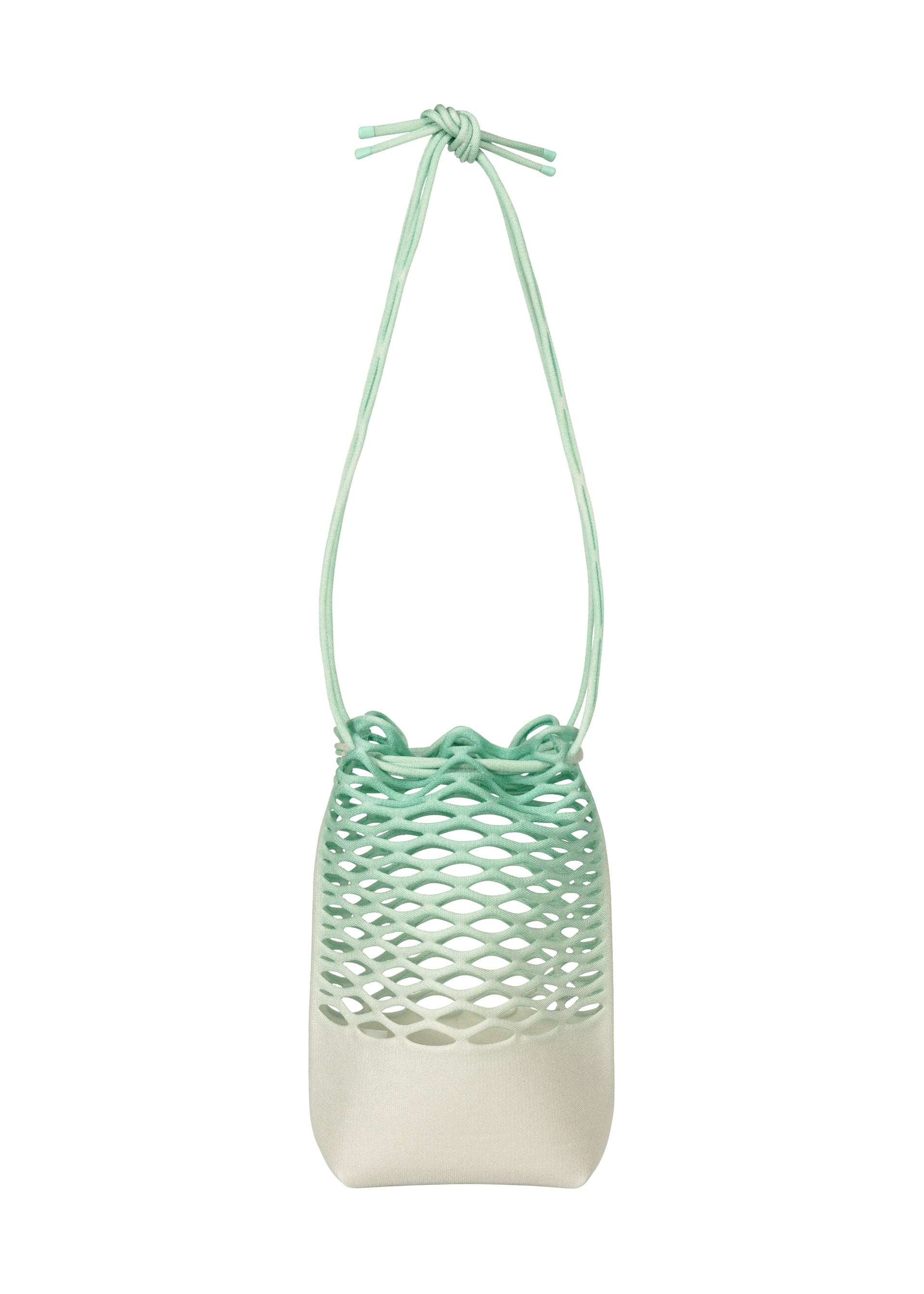 Zoomed view The MOKKO NET GRADATION by GOOD GOODS ISSEY MIYAKE is a compact mint green and white bag made from recycled fishing nets, featuring an adjustable knotted strap and an open net-like upper design. - ICE GREEN （no.69）