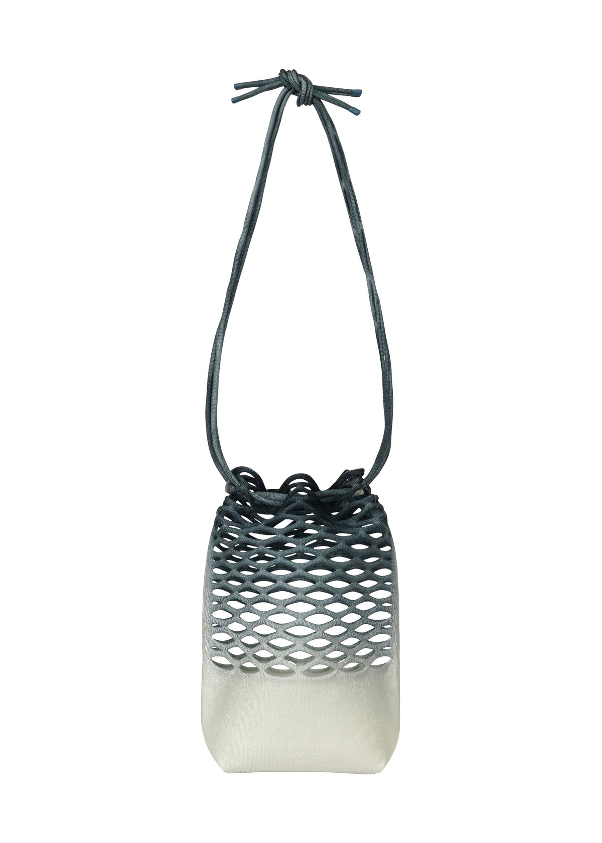 The MOKKO NET GRADATION by GOOD GOODS ISSEY MIYAKE is a small, square bag made from recycled fishing nets, featuring a white-to-dark gray gradient, cut-out mesh design, and a knotted shoulder strap. view 3 of 7