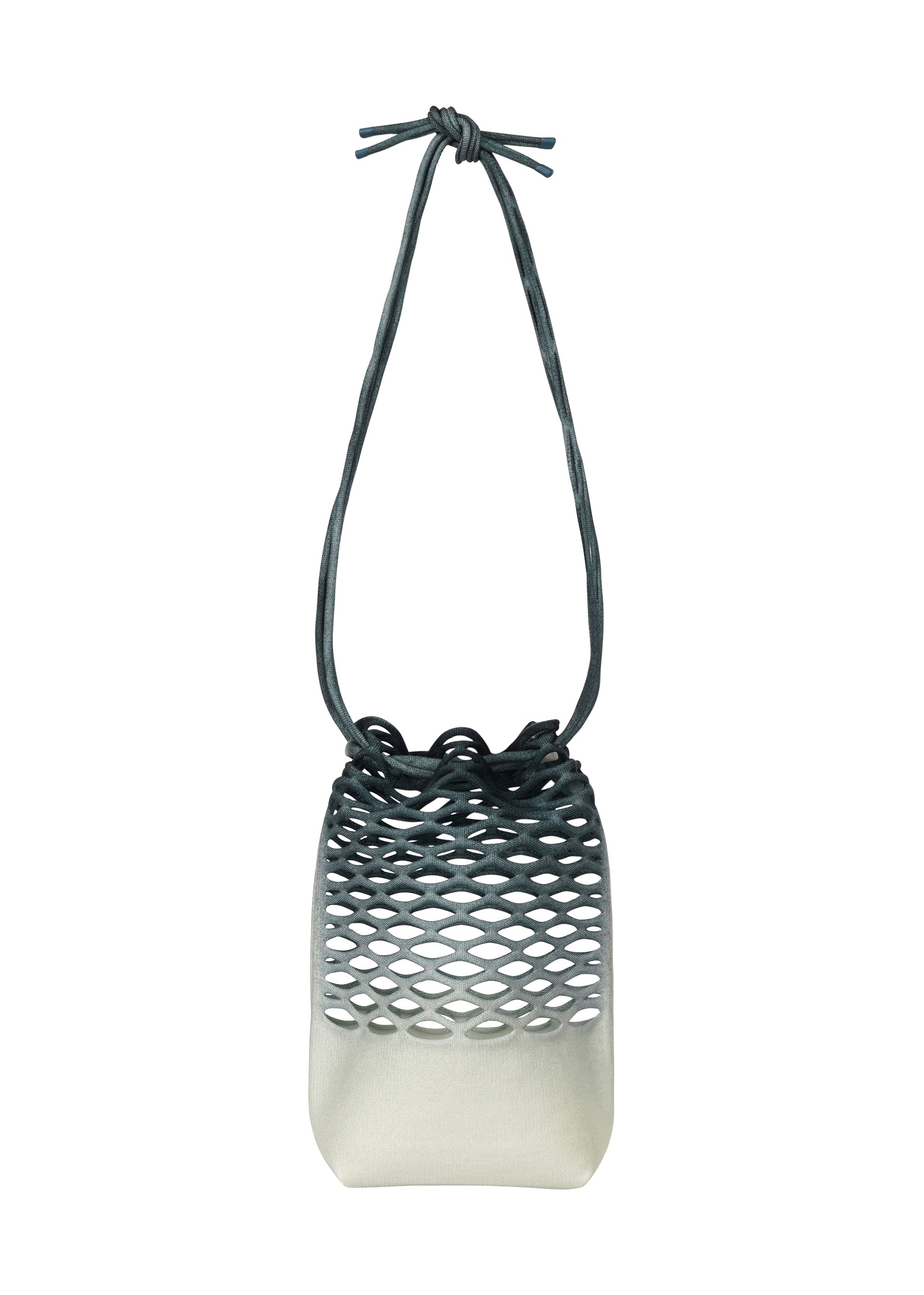 Zoomed view The MOKKO NET GRADATION by GOOD GOODS ISSEY MIYAKE is a small, square bag made from recycled fishing nets, featuring a white-to-dark gray gradient, cut-out mesh design, and a knotted shoulder strap. - DEEP OCEAN BLUE （no.74）