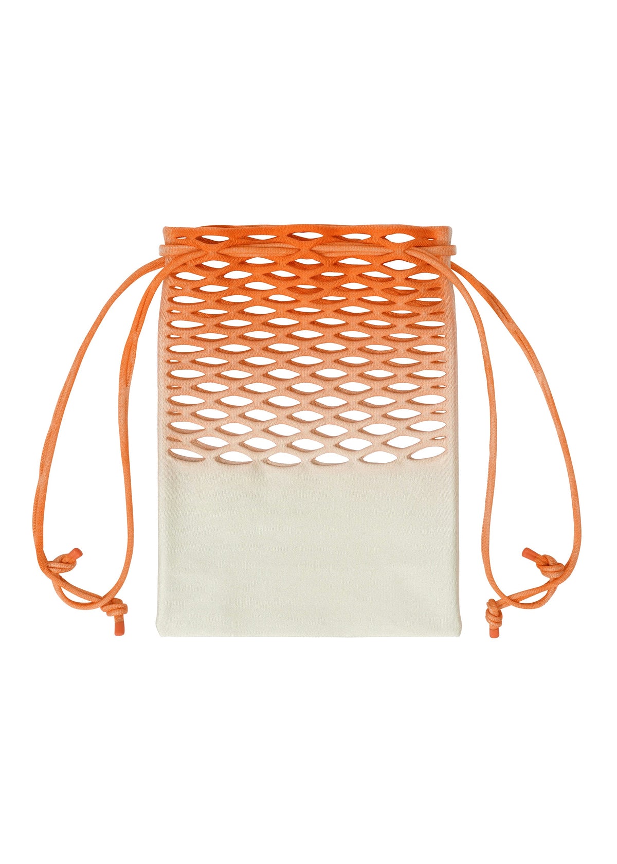 The MOKKO NET GRADATION by GOOD GOODS ISSEY MIYAKE is a small eco-friendly drawstring bag with a white base, an orange lattice pattern on the upper half, and orange drawstrings on both sides. view 5 of 7