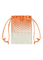 The MOKKO NET GRADATION by GOOD GOODS ISSEY MIYAKE is a small eco-friendly drawstring bag with a white base, an orange lattice pattern on the upper half, and orange drawstrings on both sides.