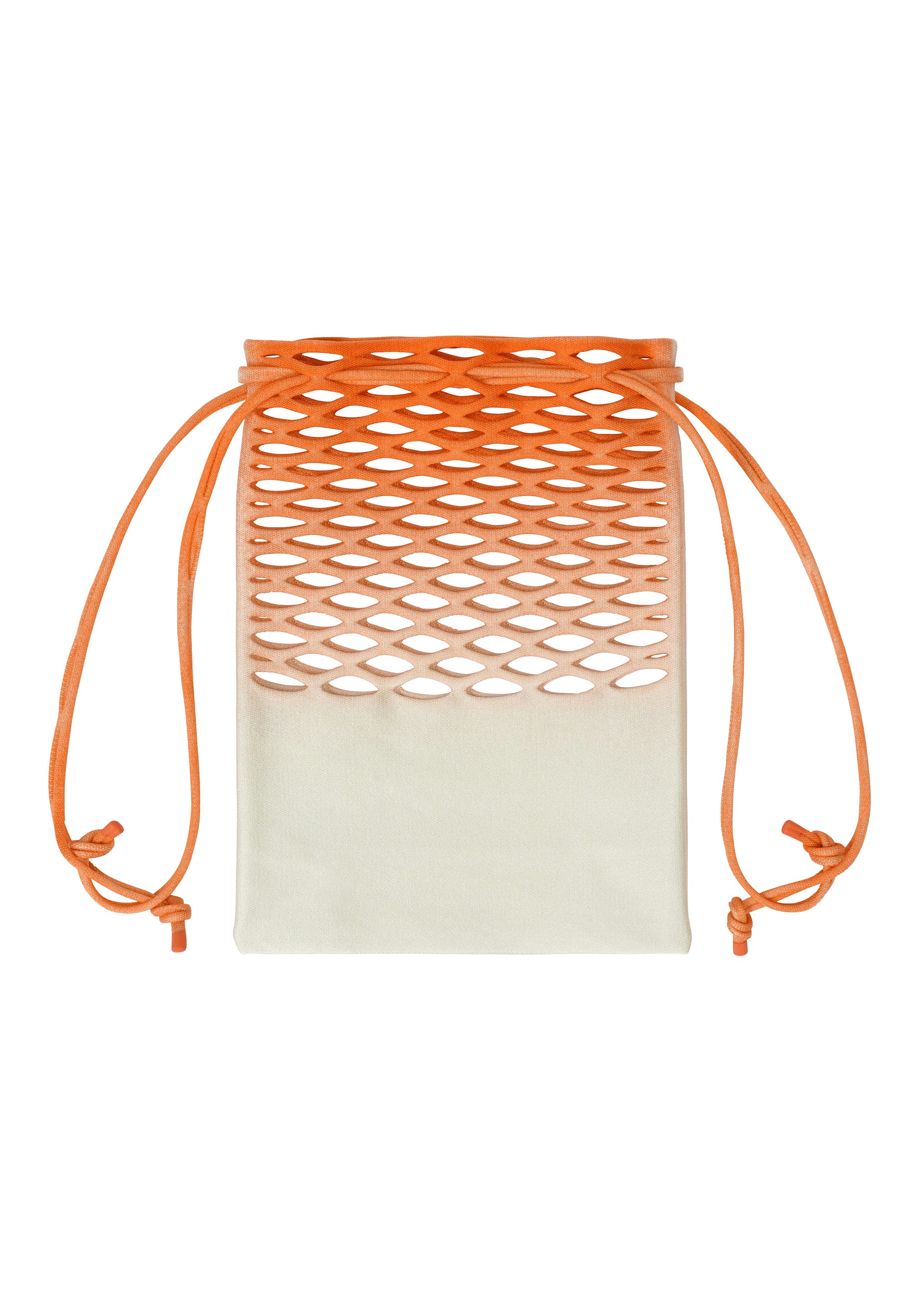 Zoomed view The MOKKO NET GRADATION by GOOD GOODS ISSEY MIYAKE is a small eco-friendly drawstring bag with a white base, an orange lattice pattern on the upper half, and orange drawstrings on both sides.