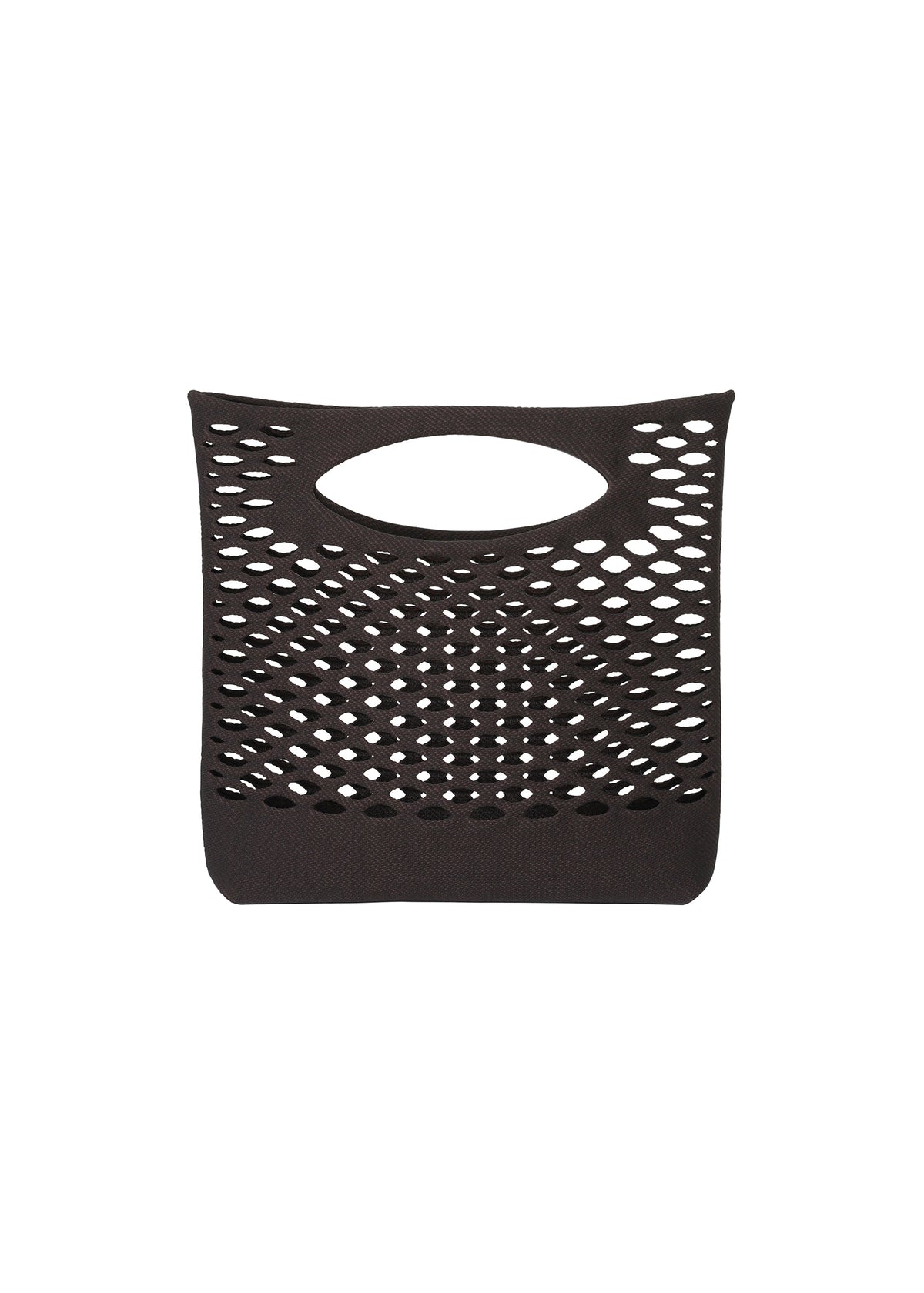 Zoomed view The MOKKO BASKET by GOOD GOODS ISSEY MIYAKE is a black handbag featuring an oval handle and a wave-like arrangement of diamond-shaped cutouts across the front, evoking the look of a modern knit tote. The bag is centered on a plain white background. - BLACK×BROWN （no.17）