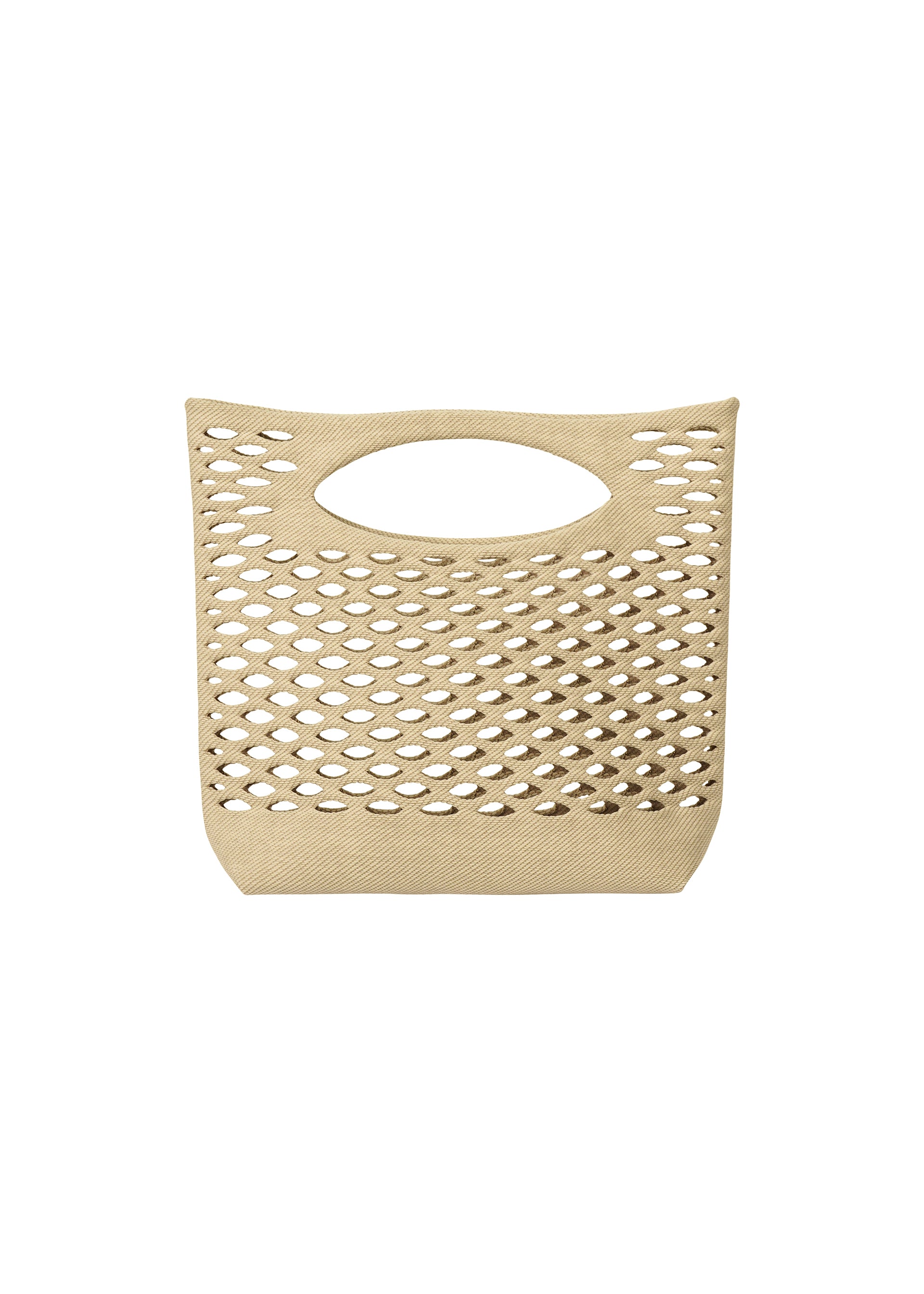 Zoomed view The MOKKO BASKET by GOOD GOODS ISSEY MIYAKE is a beige, open-weave knit tote featuring a lattice pattern, an oval handle, and a rectangular shape with rounded edges, displayed against a plain white background. - CREAM×DARK BEIGE （no.46）