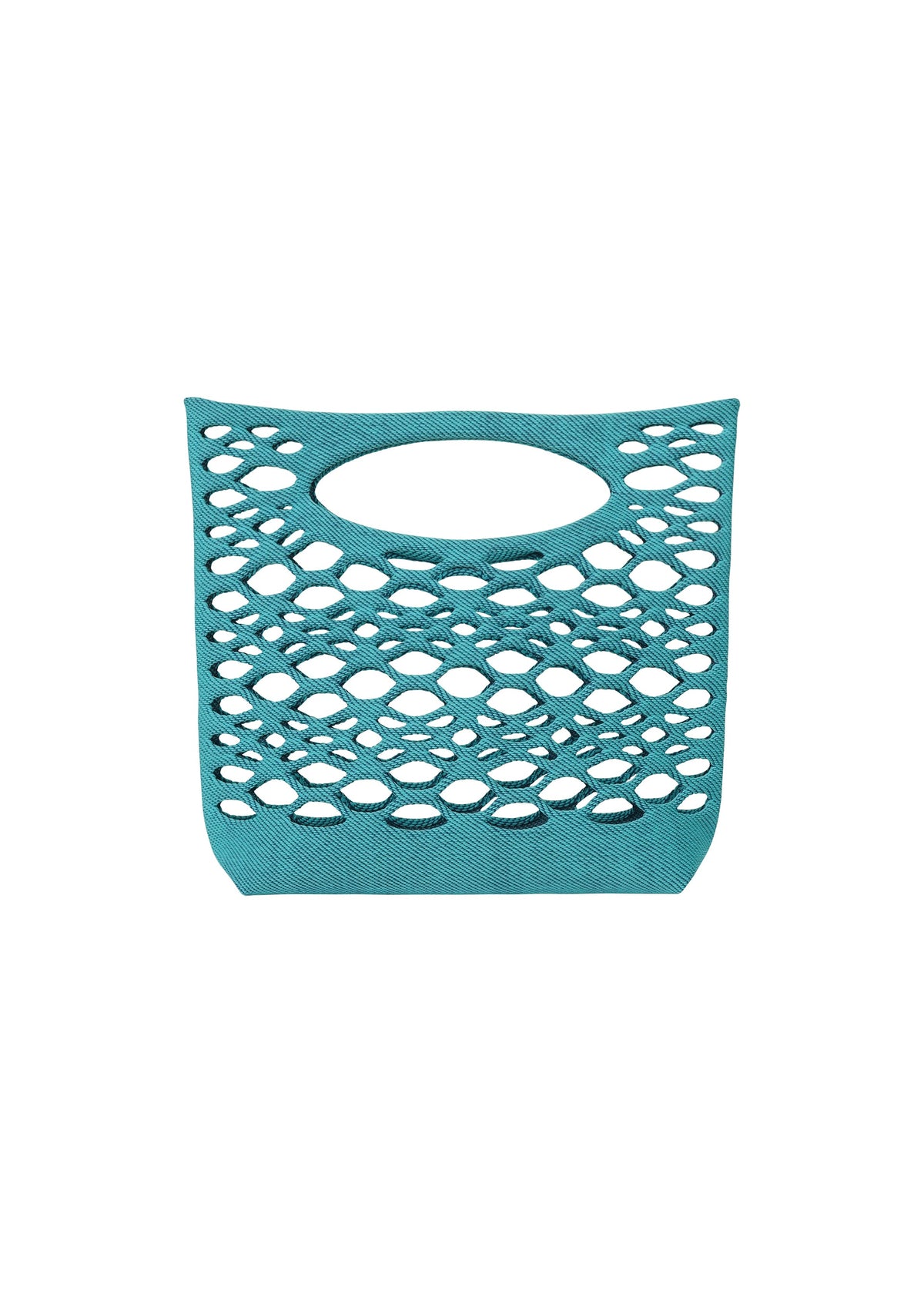 The MOKKO BASKET by GOOD GOODS ISSEY MIYAKE is a teal knit tote bag featuring an oval cut-out handle and geometric openwork pattern, shown against a white background. view 2 of 8
