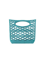 The MOKKO BASKET by GOOD GOODS ISSEY MIYAKE is a teal knit tote bag featuring an oval cut-out handle and geometric openwork pattern, shown against a white background. - LIGHT TEAL BLUE×MARINE BLUE （no.77）