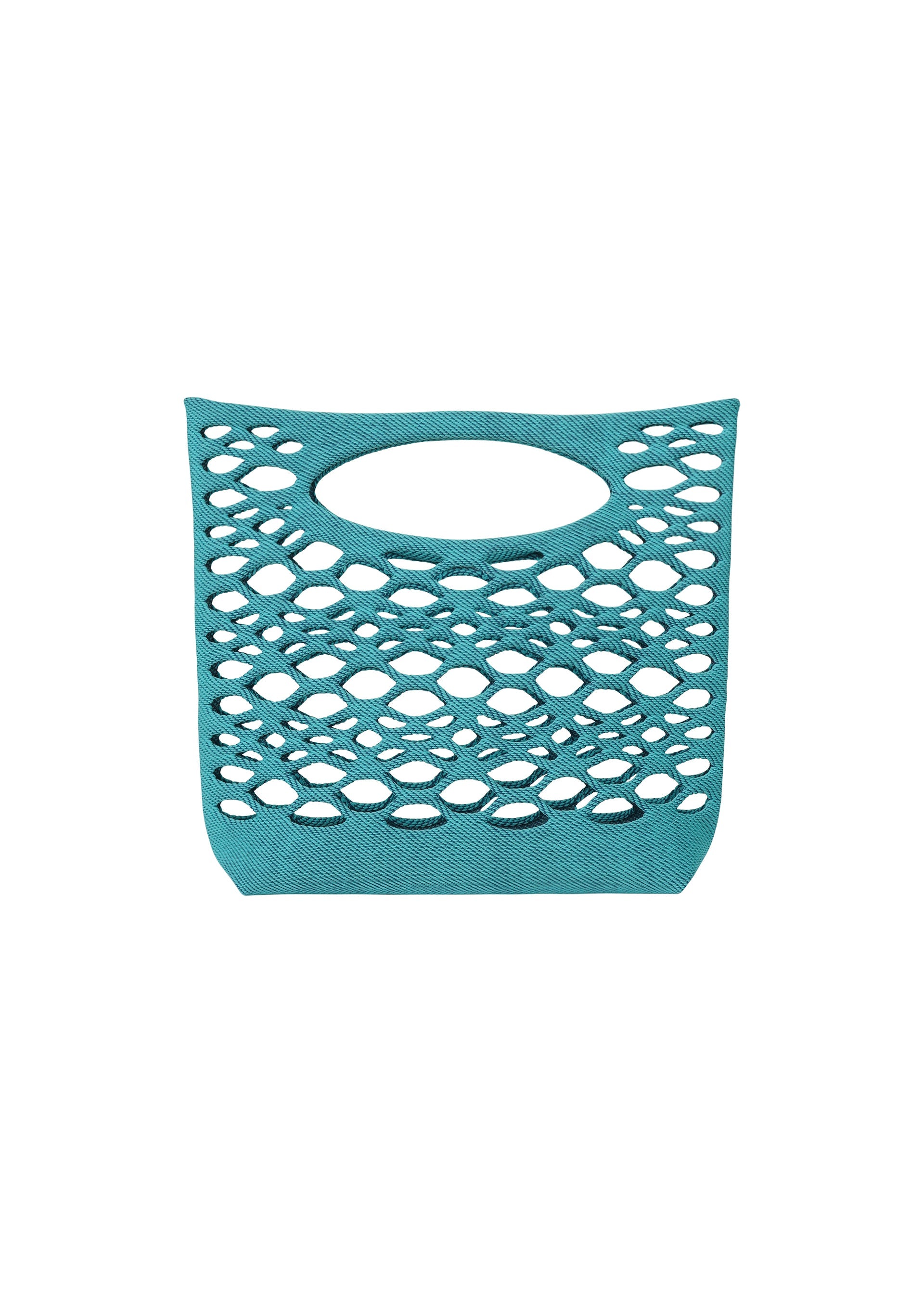 Zoomed view The MOKKO BASKET by GOOD GOODS ISSEY MIYAKE is a teal knit tote bag featuring an oval cut-out handle and geometric openwork pattern, shown against a white background. - LIGHT TEAL BLUE×MARINE BLUE （no.77）