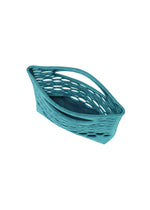 The MOKKO BASKET by GOOD GOODS ISSEY MIYAKE is a turquoise, open-weave bag featuring an angular design and integrated handle, displayed against a white background.