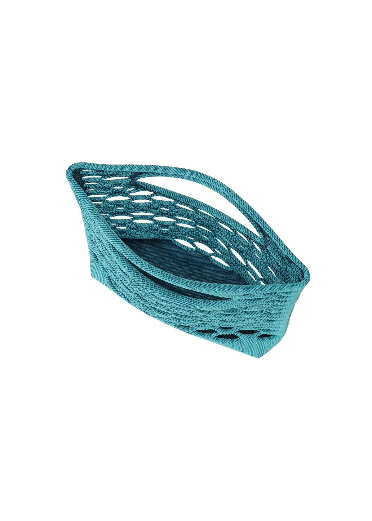 Zoomed view The MOKKO BASKET by GOOD GOODS ISSEY MIYAKE is a turquoise, open-weave bag featuring an angular design and integrated handle, displayed against a white background.