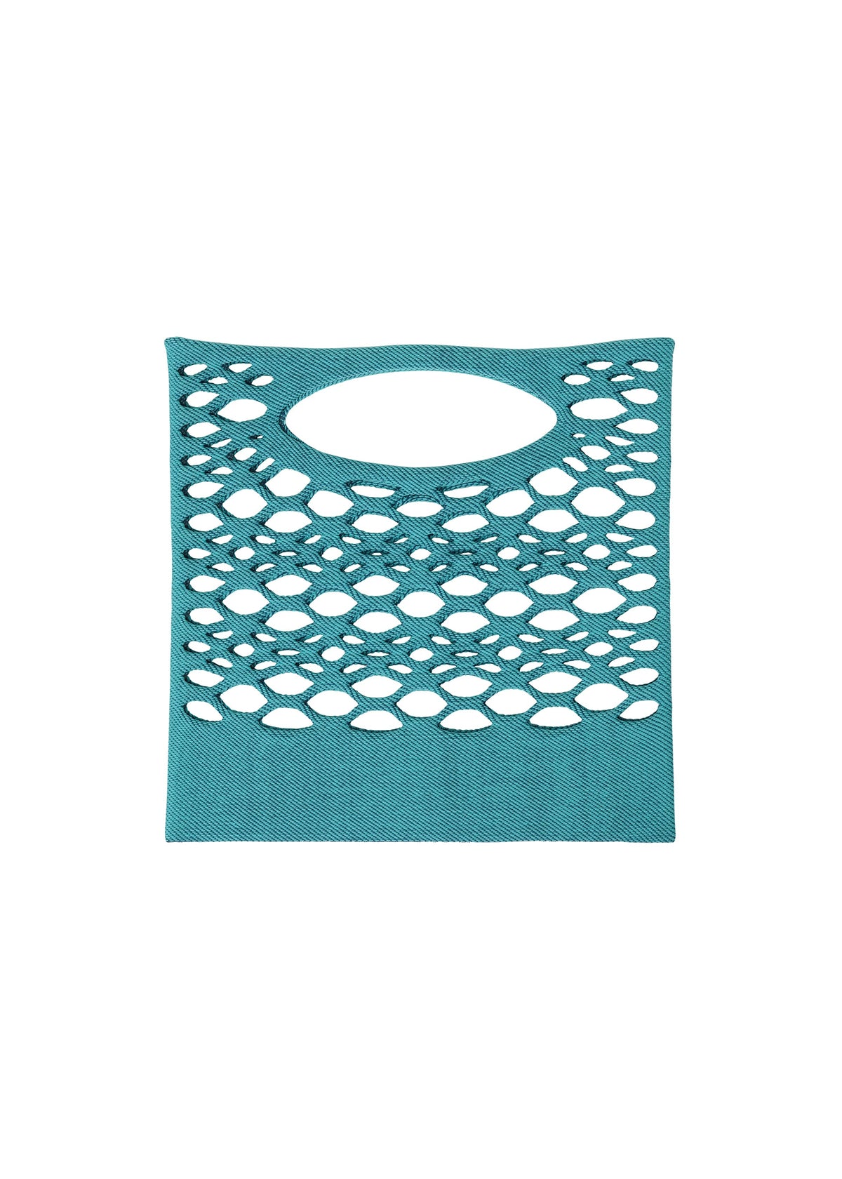 Zoomed view The MOKKO BASKET by GOOD GOODS ISSEY MIYAKE is a teal, rectangular basket bag featuring a mesh-style design with oval-shaped cutouts and an integrated handle, shown against a white background.