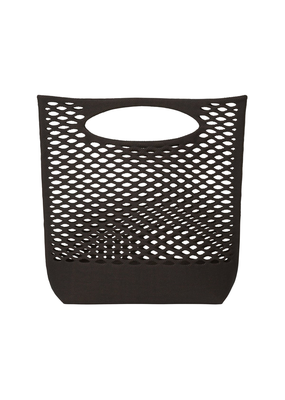 The MOKKO BASKET by GOOD GOODS ISSEY MIYAKE is a black, open-weave mesh knit tote with oval cut-out handles, diamond-patterned body, and solid base. Stylish, washable, and ideal for fans of modern basket bags. view 1 of 7