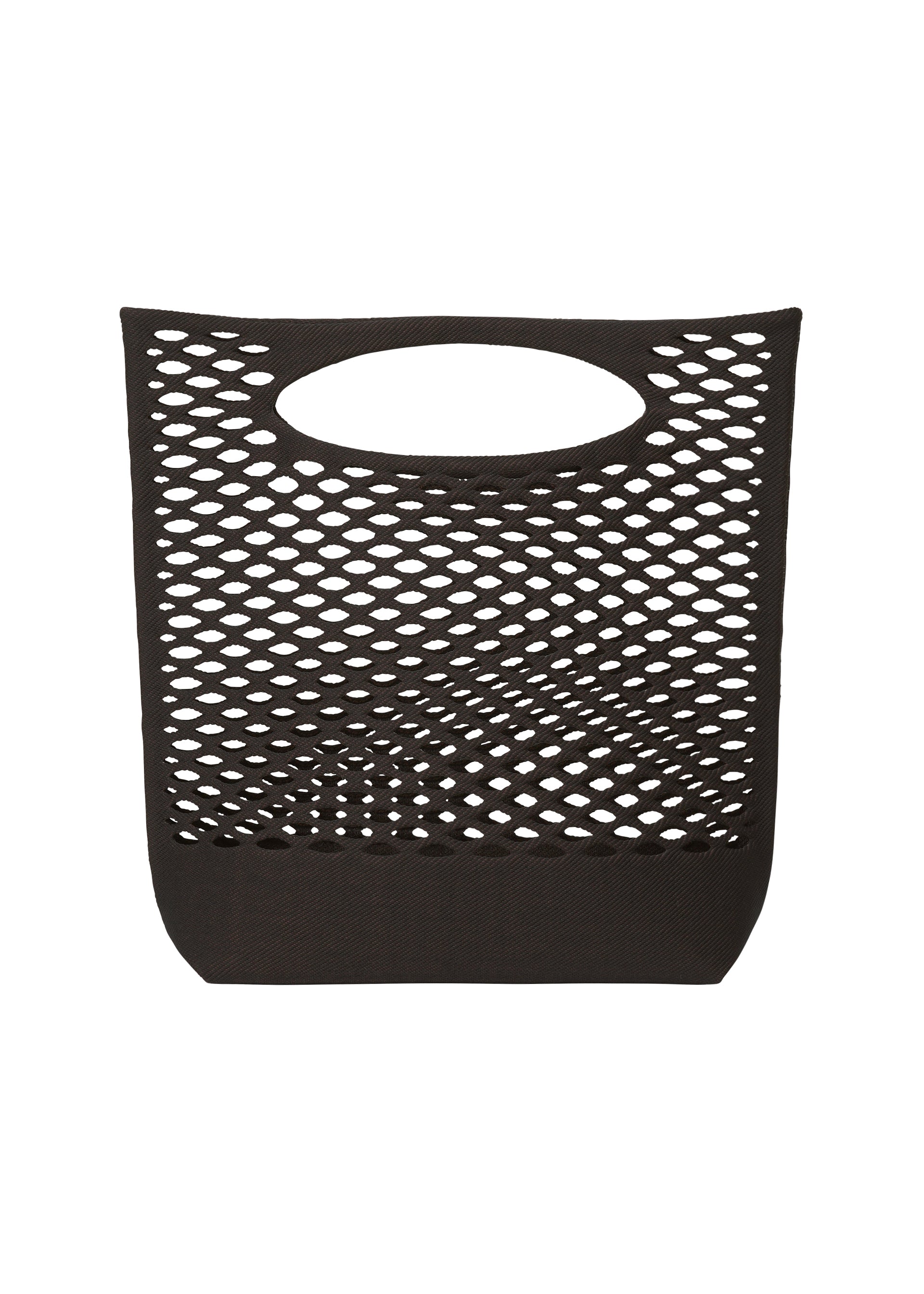 Zoomed view The MOKKO BASKET by GOOD GOODS ISSEY MIYAKE is a black, open-weave mesh knit tote with oval cut-out handles, diamond-patterned body, and solid base. Stylish, washable, and ideal for fans of modern basket bags. - BLACK×BROWN （no.17）