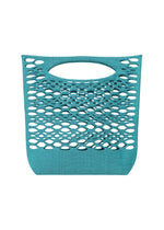 The MOKKO BASKET by GOOD GOODS ISSEY MIYAKE is a teal, rectangular washable tote featuring a cutout handle and a mesh-like open-weave upper half, shown against a white background. - LIGHT TEAL BLUE×MARINE BLUE （no.77）
