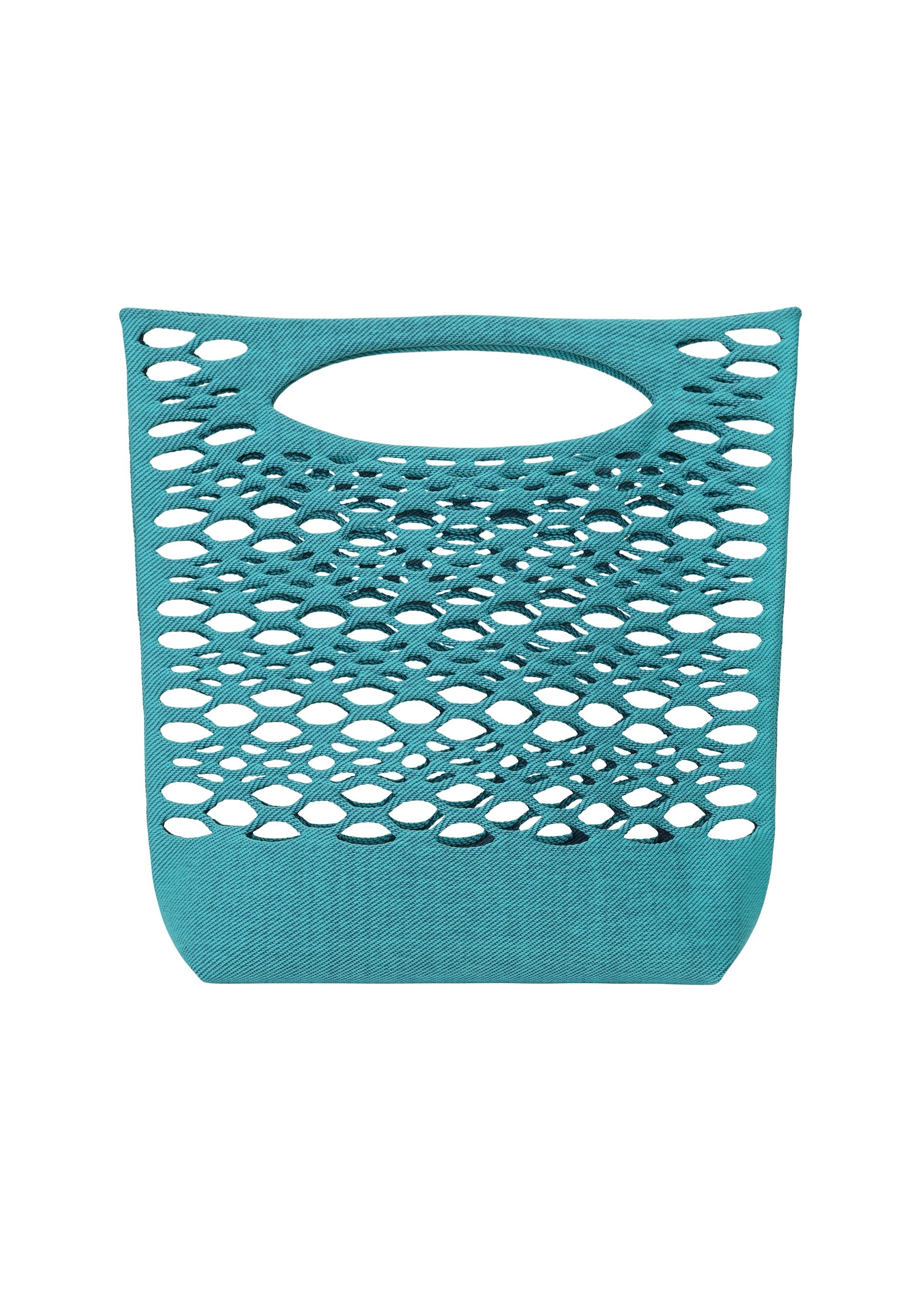Zoomed view The MOKKO BASKET by GOOD GOODS ISSEY MIYAKE is a teal, rectangular washable tote featuring a cutout handle and a mesh-like open-weave upper half, shown against a white background. - LIGHT TEAL BLUE×MARINE BLUE （no.77）