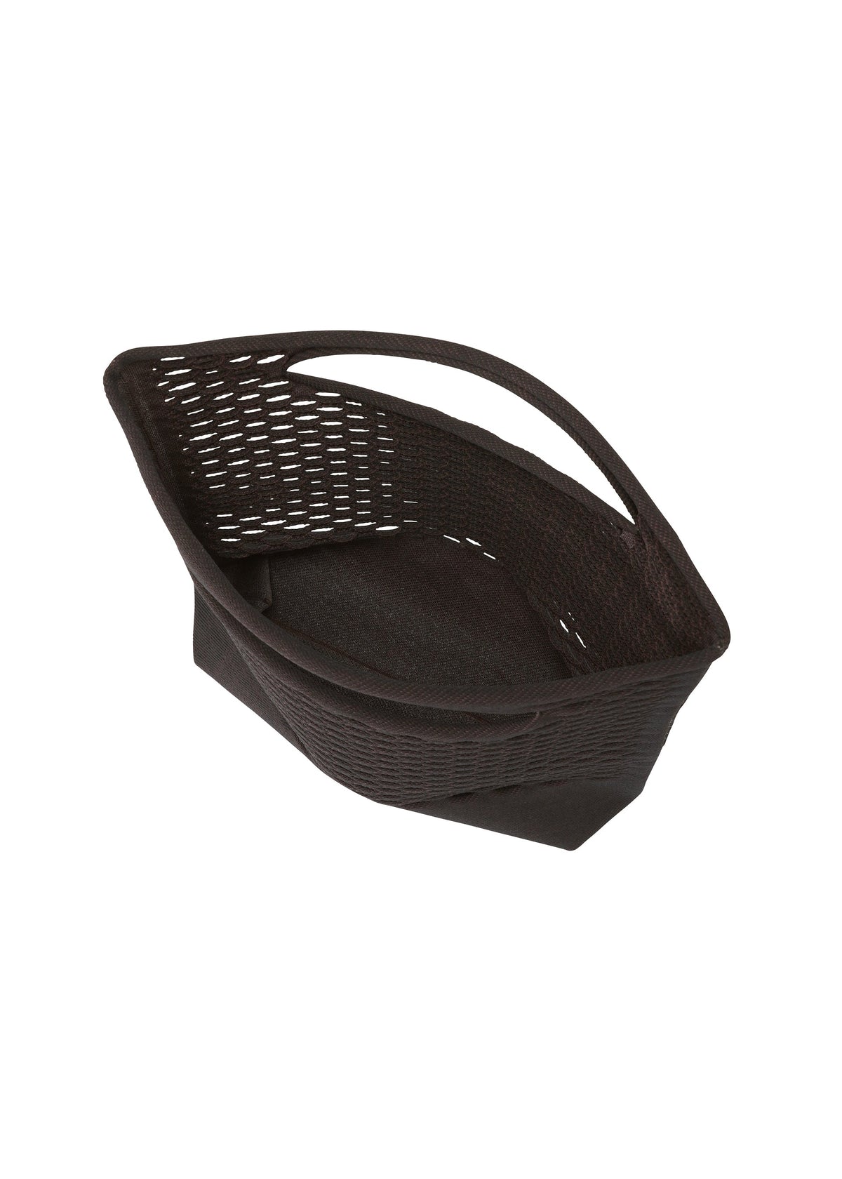 The MOKKO BASKET by GOOD GOODS ISSEY MIYAKE is a black, handmade woven rectangular bag with a single curved handle, shown against a white background. view 4 of 9