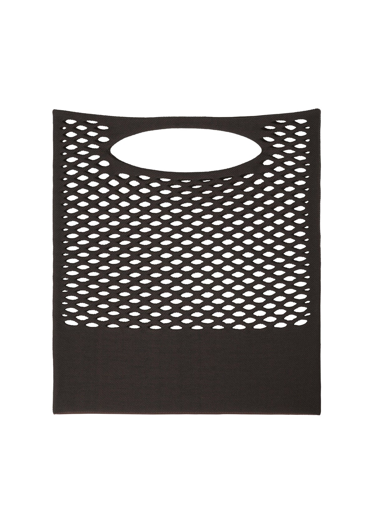 The MOKKO BASKET by GOOD GOODS ISSEY MIYAKE is a black rectangular knit tote featuring an oval cutout handle, a mesh-like diamond pattern on top, and a solid fabric bottom—stylish, practical, and washable. view 5 of 9