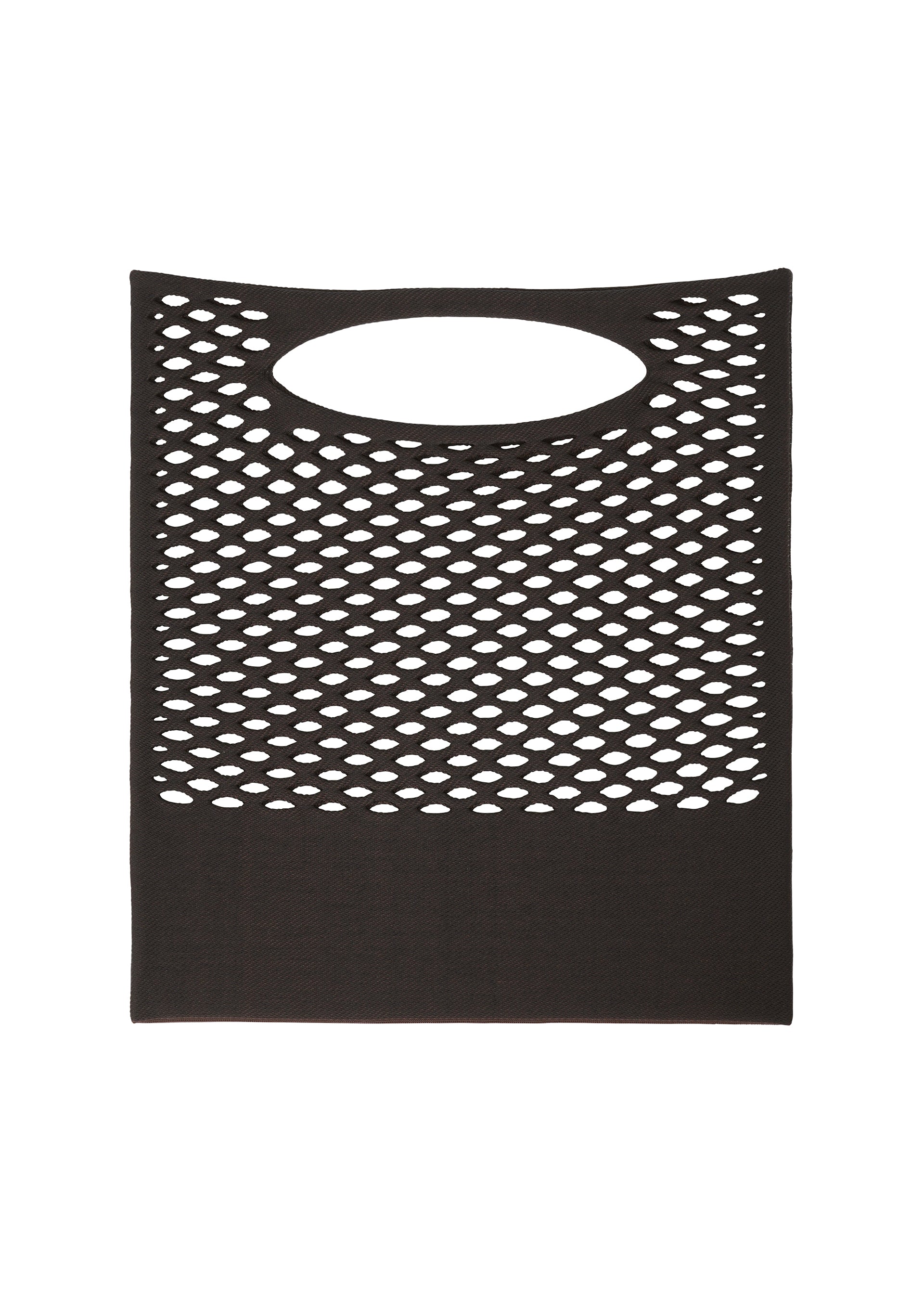 Zoomed view The MOKKO BASKET by GOOD GOODS ISSEY MIYAKE is a black rectangular knit tote featuring an oval cutout handle, a mesh-like diamond pattern on top, and a solid fabric bottom—stylish, practical, and washable.