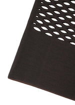 Close-up of the MOKKO BASKET by GOOD GOODS ISSEY MIYAKE, showing its dark brown textured material with diagonal oval cutouts, reminiscent of an intricately designed knit tote bag, set against a white background.