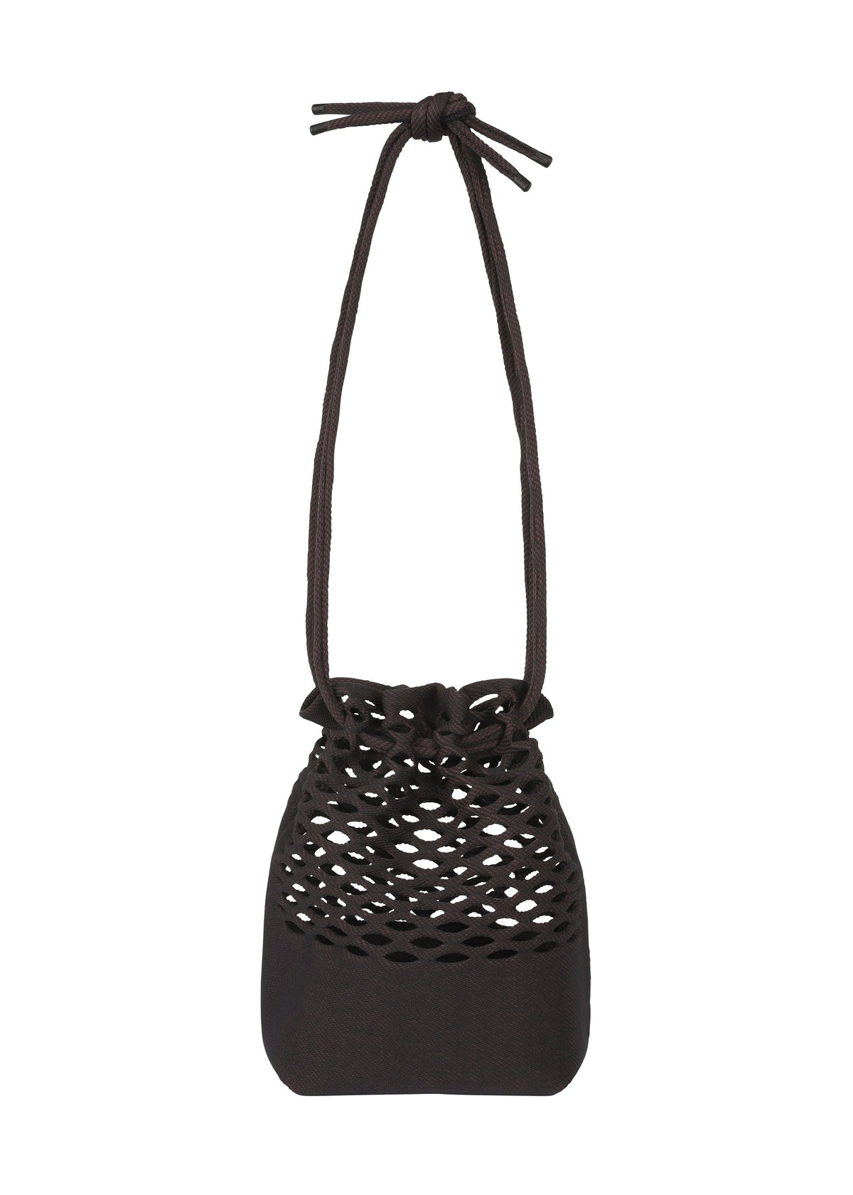 The MOKKO BASKET by GOOD GOODS ISSEY MIYAKE is a black, washable knit drawstring bag with a knotted handle, featuring an open mesh upper section and solid base, displayed against a white background. view 1 of 9