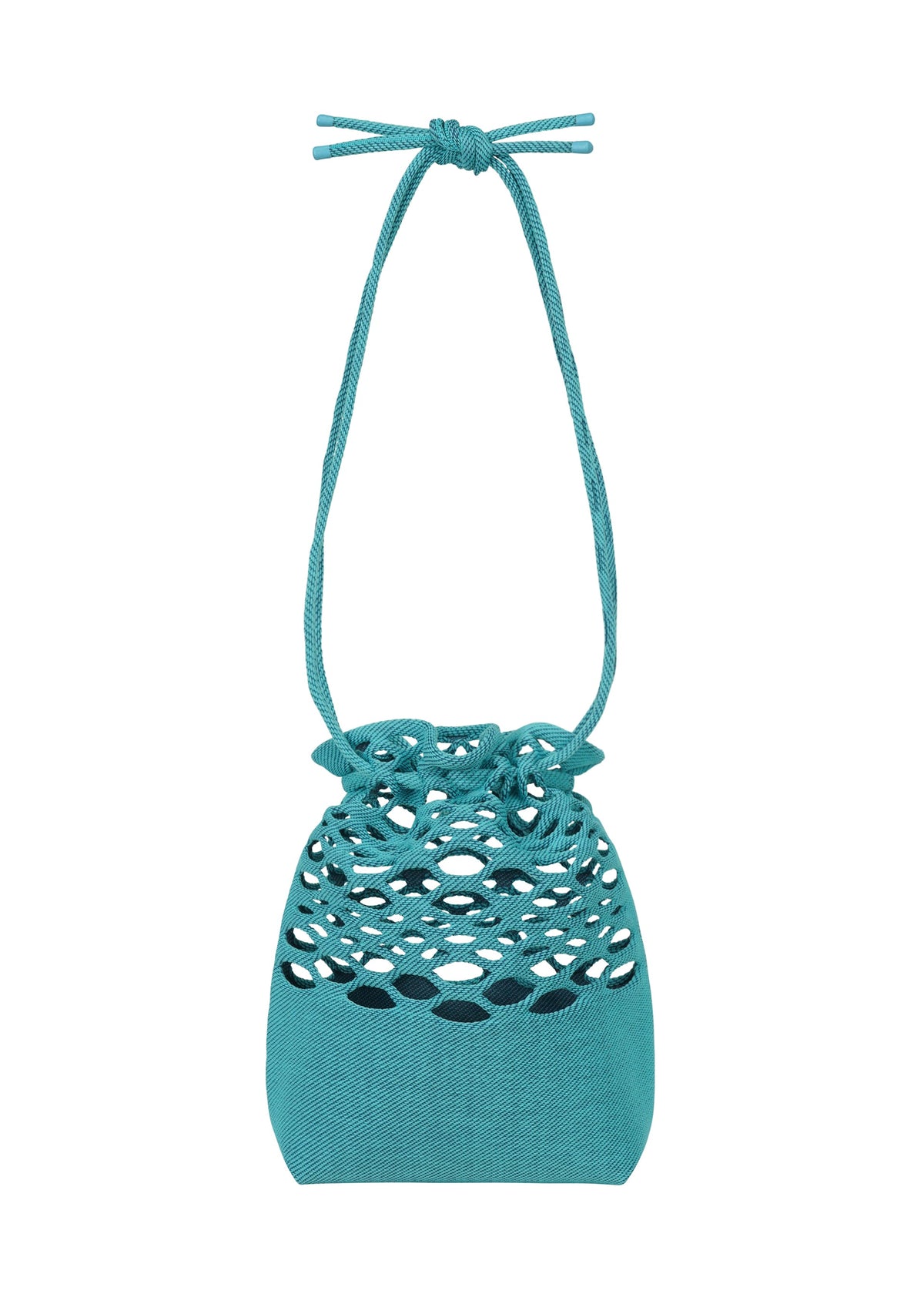 The MOKKO BASKET by GOOD GOODS ISSEY MIYAKE features a teal knit drawstring design with a long braided strap, netted top, and a solid, washable fabric base. view 2 of 11