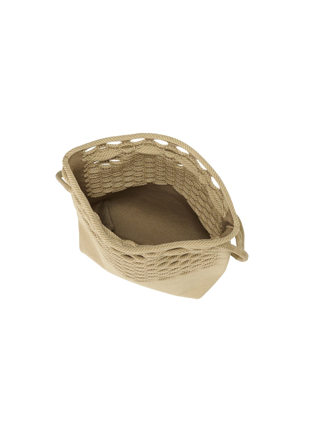 The MOKKO BASKET by GOOD GOODS ISSEY MIYAKE is a beige, rectangular, washable woven basket with handles on each short side and an open-weave upper edge, shown empty against a plain white background. view 2 of 9