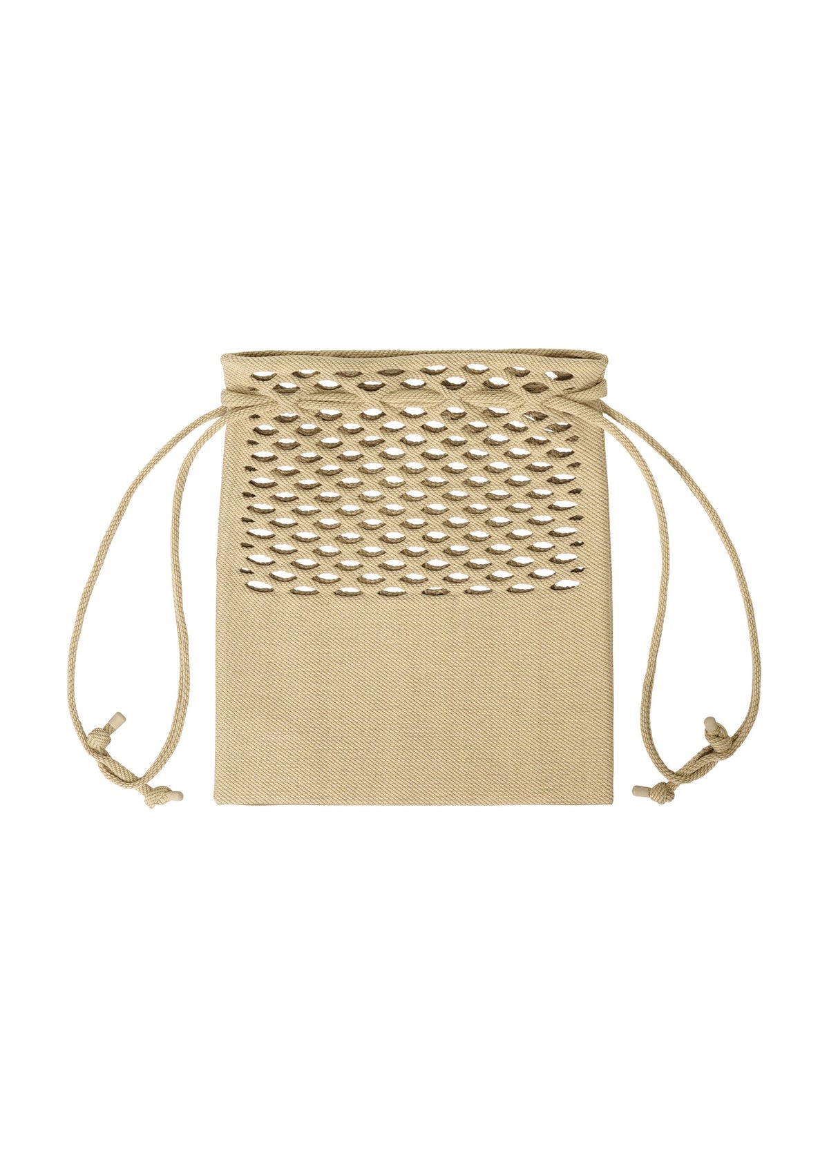 The MOKKO BASKET by GOOD GOODS ISSEY MIYAKE is a beige knit drawstring pouch with diamond-pattern cutouts on the upper half and side cord ties; it's washable for easy care. view 3 of 9