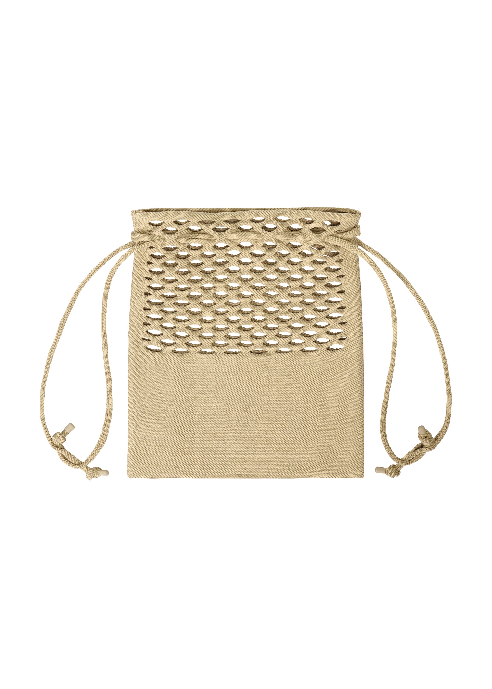 Zoomed view The MOKKO BASKET by GOOD GOODS ISSEY MIYAKE is a beige knit drawstring pouch with diamond-pattern cutouts on the upper half and side cord ties; it's washable for easy care.