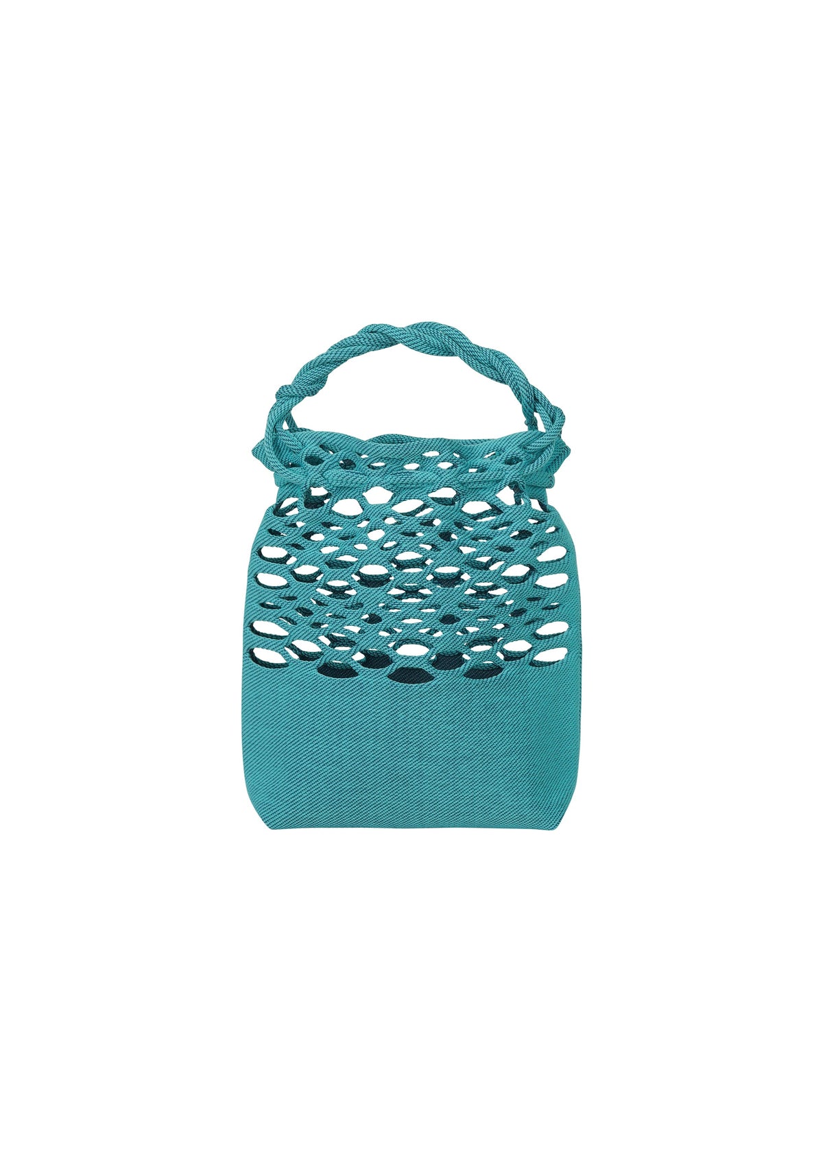 The MOKKO BASKET by GOOD GOODS ISSEY MIYAKE is a teal woven knit drawstring bag with an open honeycomb pattern, braided handle, and washable design—ideal for basket bag enthusiasts. Shown against a plain white background. view 7 of 11