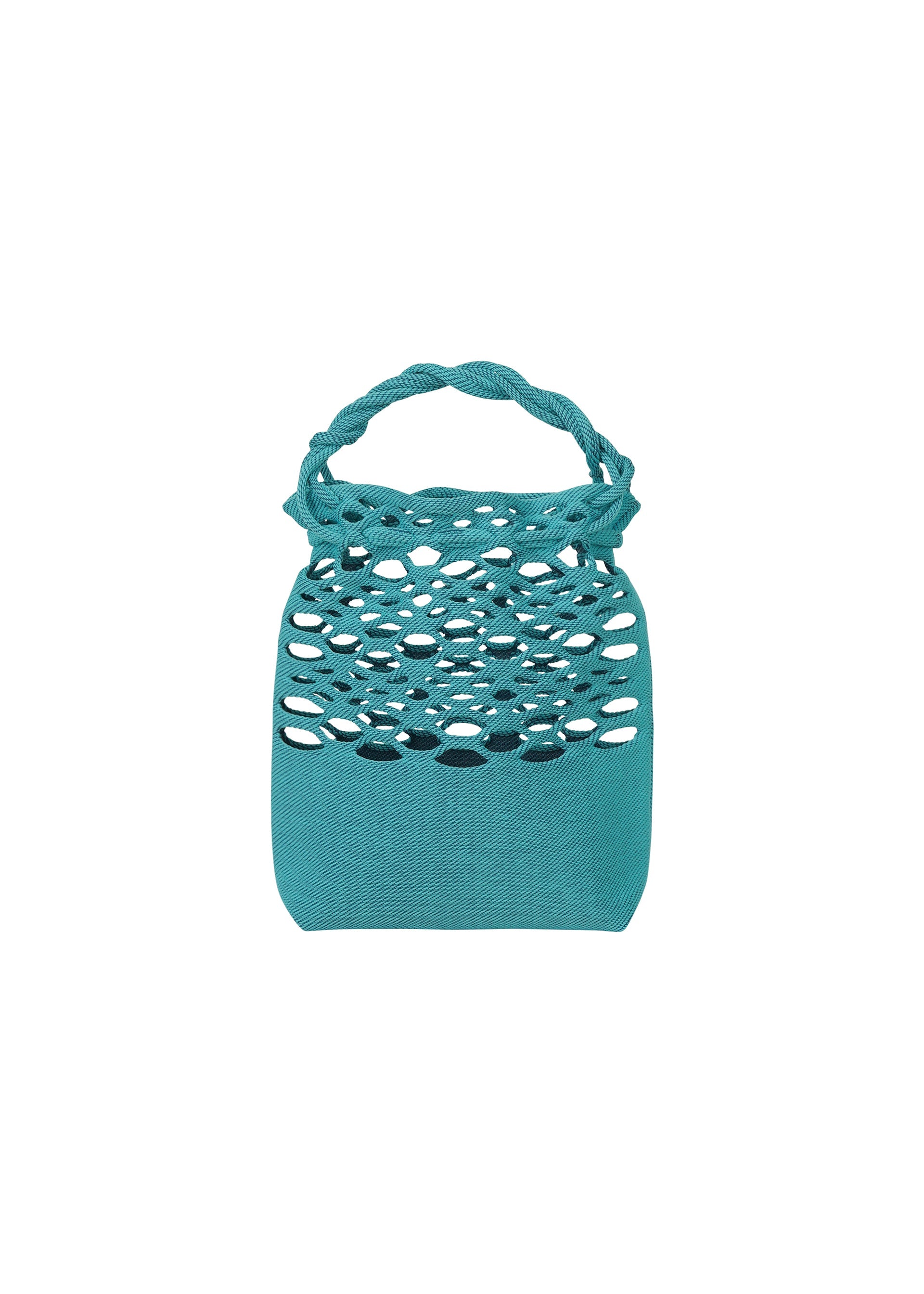 Zoomed view The MOKKO BASKET by GOOD GOODS ISSEY MIYAKE is a teal woven knit drawstring bag with an open honeycomb pattern, braided handle, and washable design—ideal for basket bag enthusiasts. Shown against a plain white background.